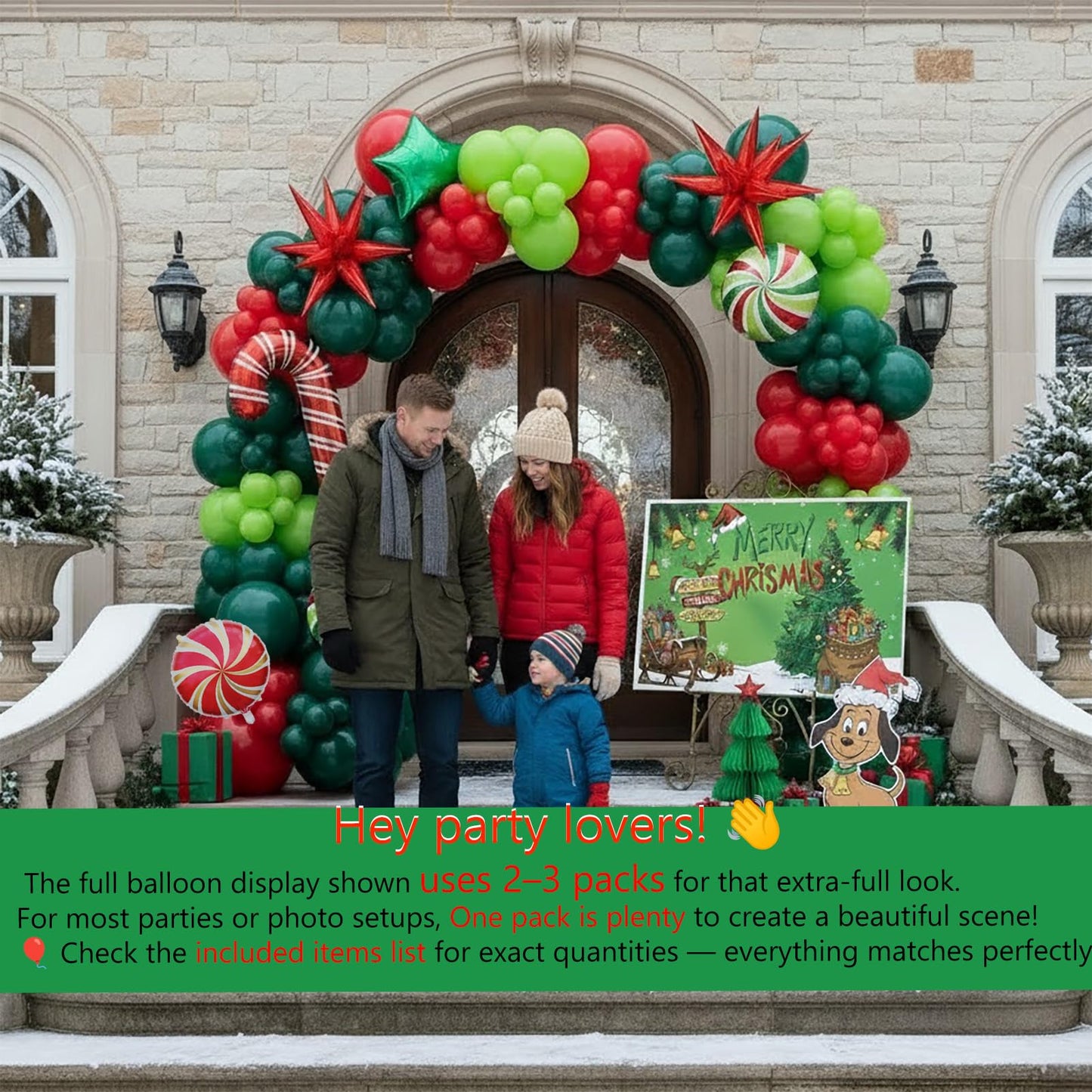 Christmas Balloon Garland Arch Kit with backdrop Xmas Red Green Balloons Candy Cane Santa Claus Star Foil Balloons for Christmas New Year Birthday Party Decorations (Red Green)