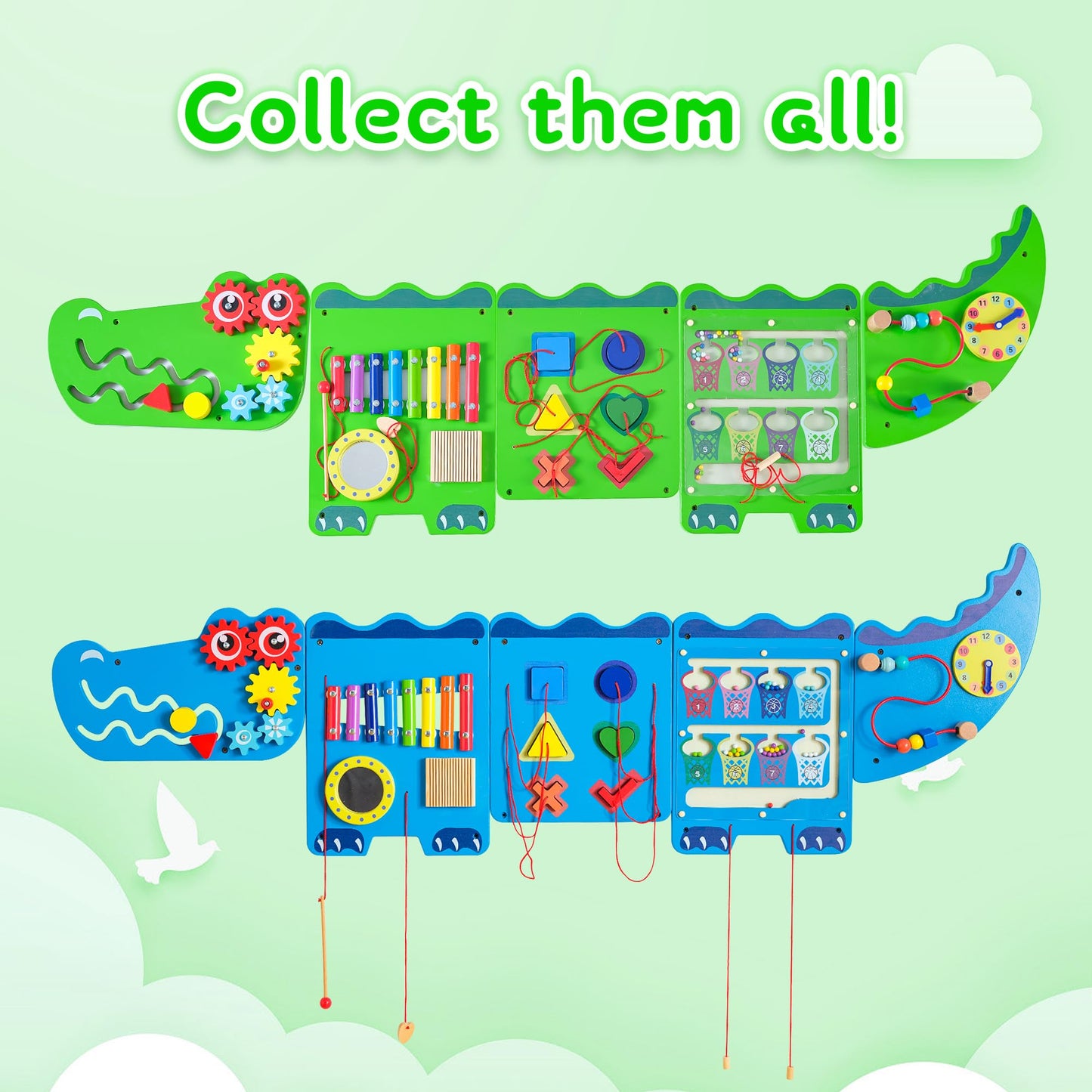 nigwet Crocodile Sensory Toys Activity Wall Panels, Educational Montessori Busy Board for Toddlers, Activity Cube - Sensory Wall, Wooden Learning Toys, Interactive Toy-Green