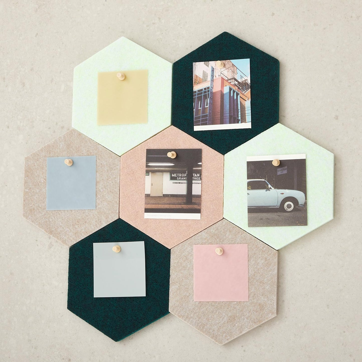 Mindsoft 16 Pcs Hexagon Cork Board for Walls with 50 Wooden Push Pins 6.7 x 5.9 in Felt DIY Tiles Notice with Nano Tape Hanging Bulletin Board for Home Photo Office Memo Note (Green)