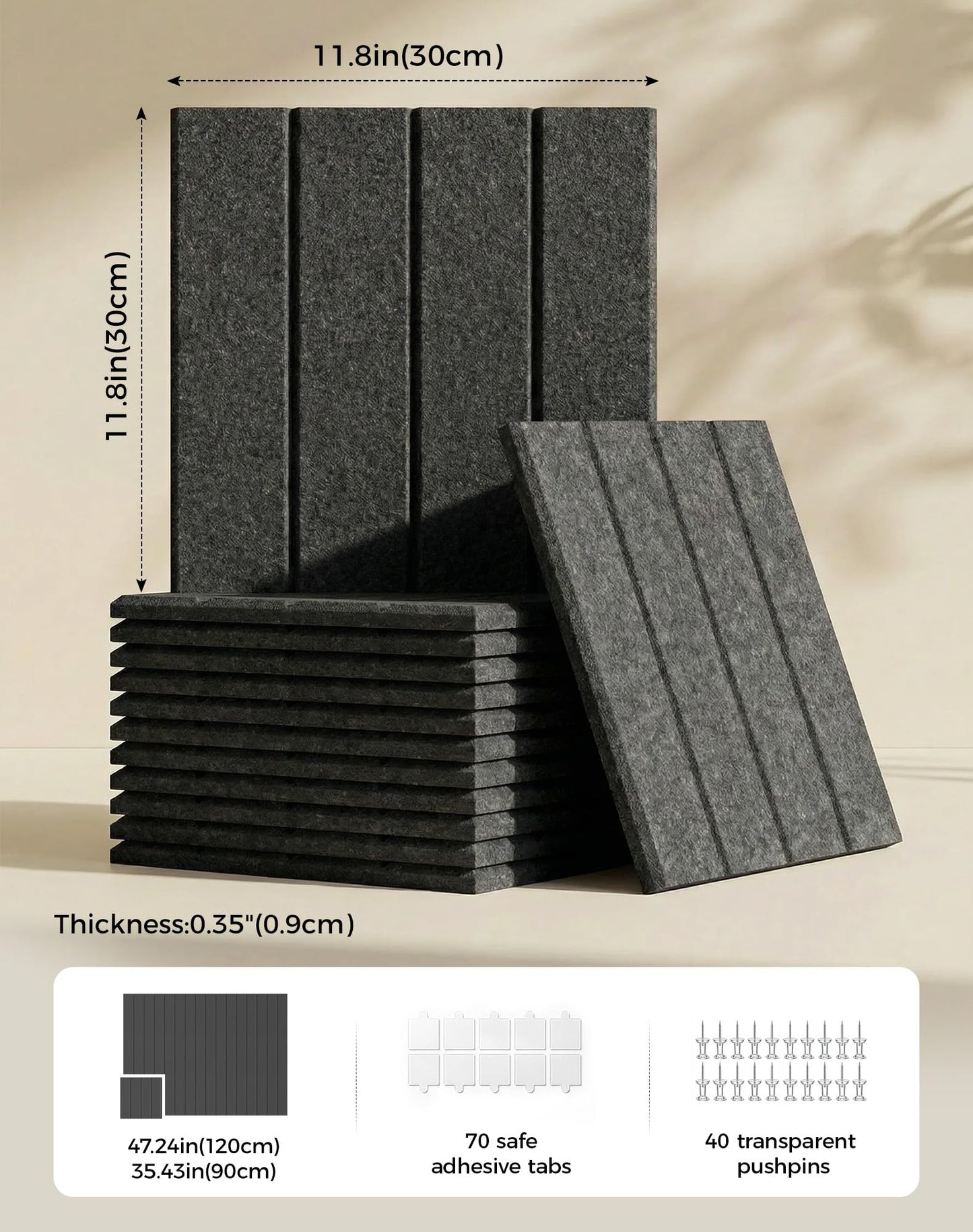 Aothia 12-Pack Felt Bulletin Board Tiles - 48x36 Modular Pin Board for Walls, 0.2" Thick Cork Board Alternative for Office & Classroom, 70 Adhesive Tabs & 40 Pushpins Included (Charcoal Gray)