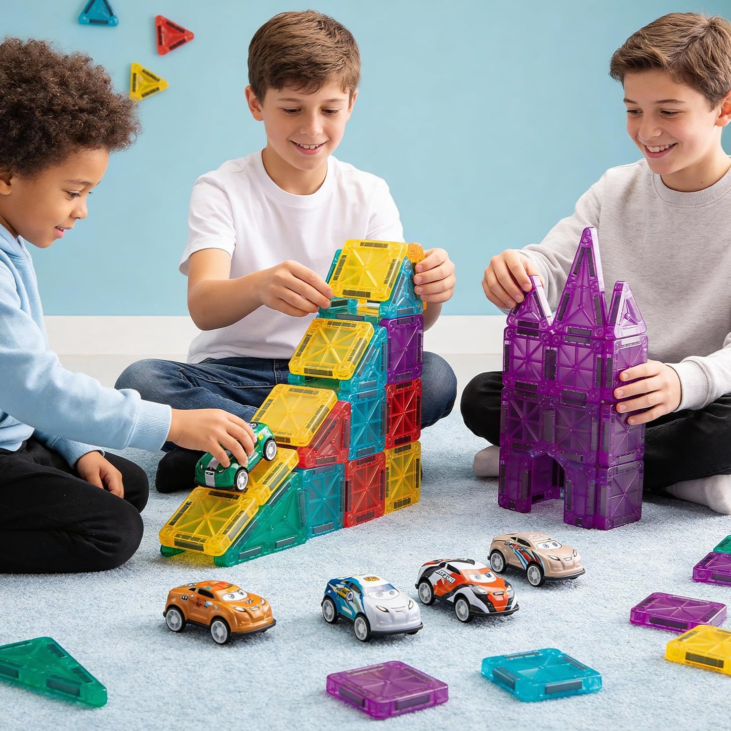93 PCS Magnetic Tiles Mini Magnetic Building Tiles with Cars, Travel Magnetic Tiles with Storage Bag,STEM Toys for School Acitivities, Ideal Christmas Birthday Gifts for Boys Girls Age 3+ Years Old