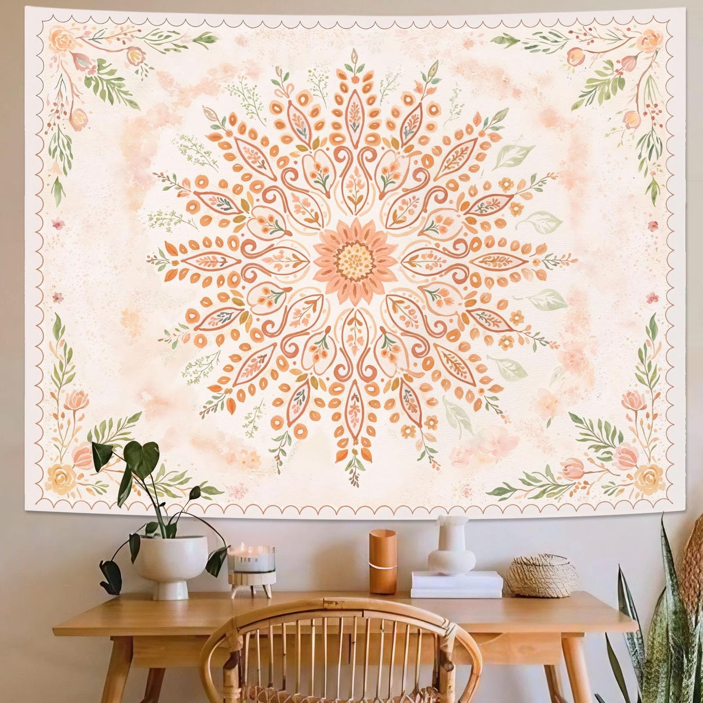 Lunerfex Floral Mandala Tapestry Boho Tapestry for Bedroom Peach Tapestries Wall Hanging Living Room Wall Art and Home Decor 70x90