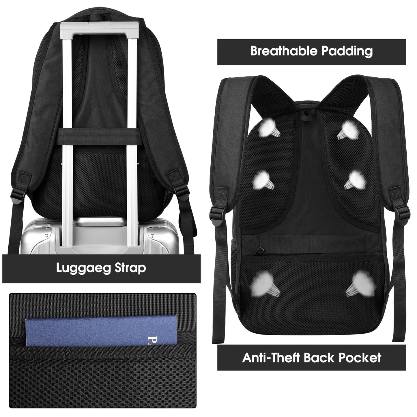 Backpack for Men and Women, School Backpack for Teens, Black Backpack for Boys with USB Charging Port Fits 15.6 Inch Laptop, Water Resistant Travel College Bookbag