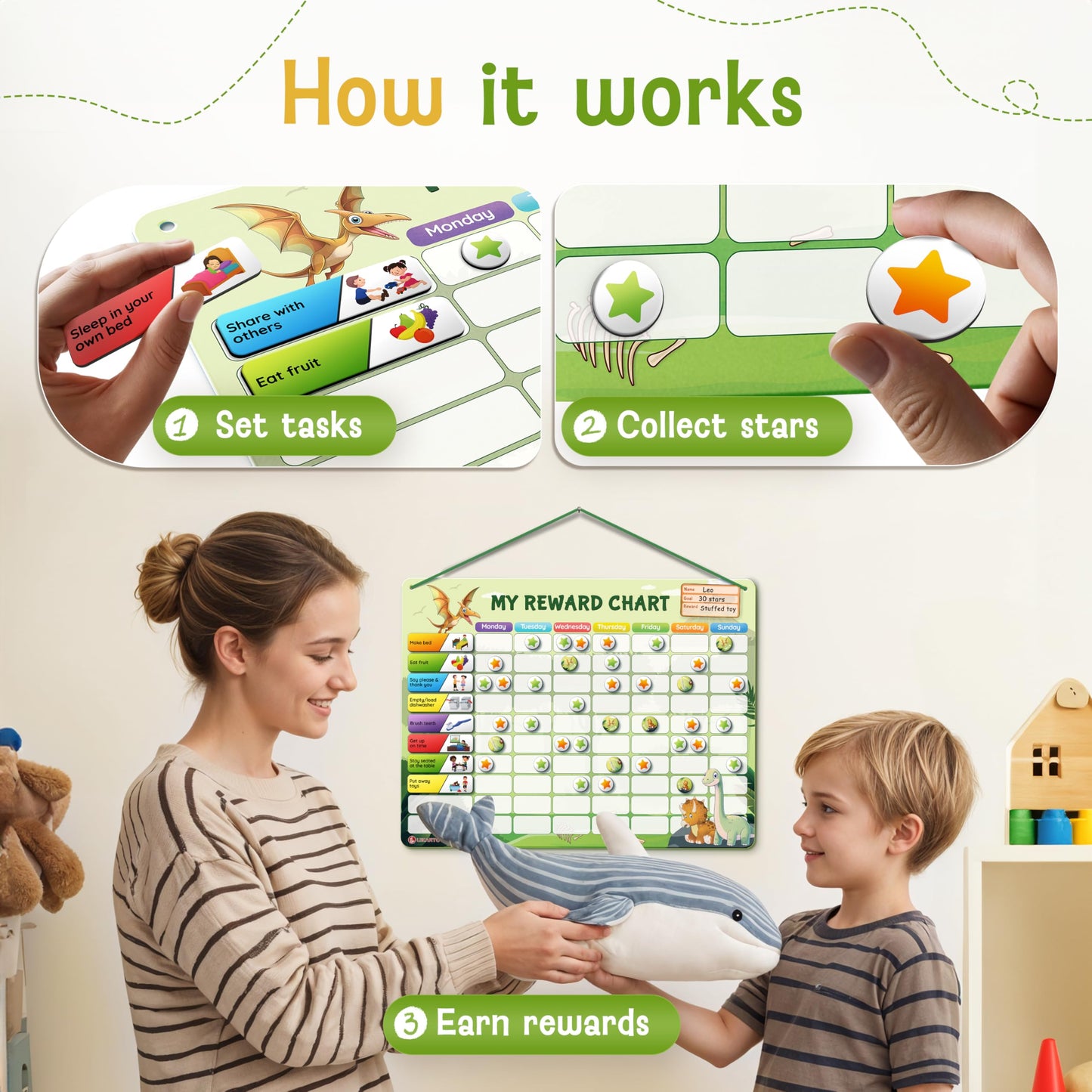 LIKARTO Magnetic Reward Chart for Kids with 280 Magnets - Behavior Chart for Kids at Home - Responsibility Reward Chart - Chore Chart - Visual Schedule - Ideal for Ages 3-9, Autism, ADHD - Green
