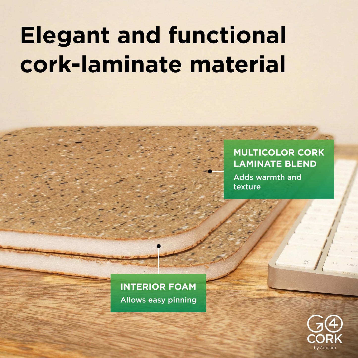 Go4Cork Square Frameless Cork-Laminated Foam Core Bulletin Board - 17.5" x17.5" | Lightweight Double-Sided Memo Board | Office & Home Organization Decor | Sticky Pads & Setup Accessories Included