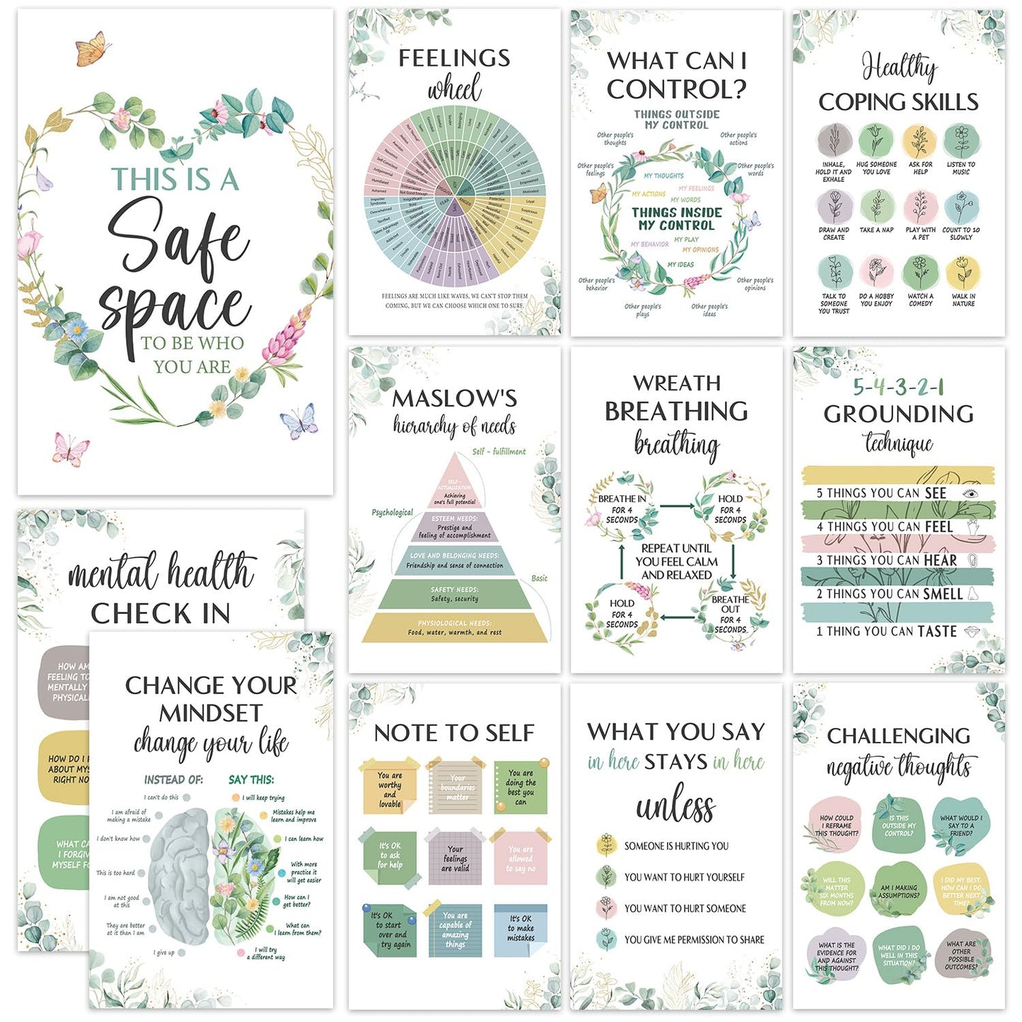 SEOIFUNG 12 Pcs Mental Health Growth Mindset Change Posters Set (11x17") - Safe Space Feelings Wheel Coping Skill Poster for Therapy Counseling Office School Home Wall Decor Counselor Therapist Gifts