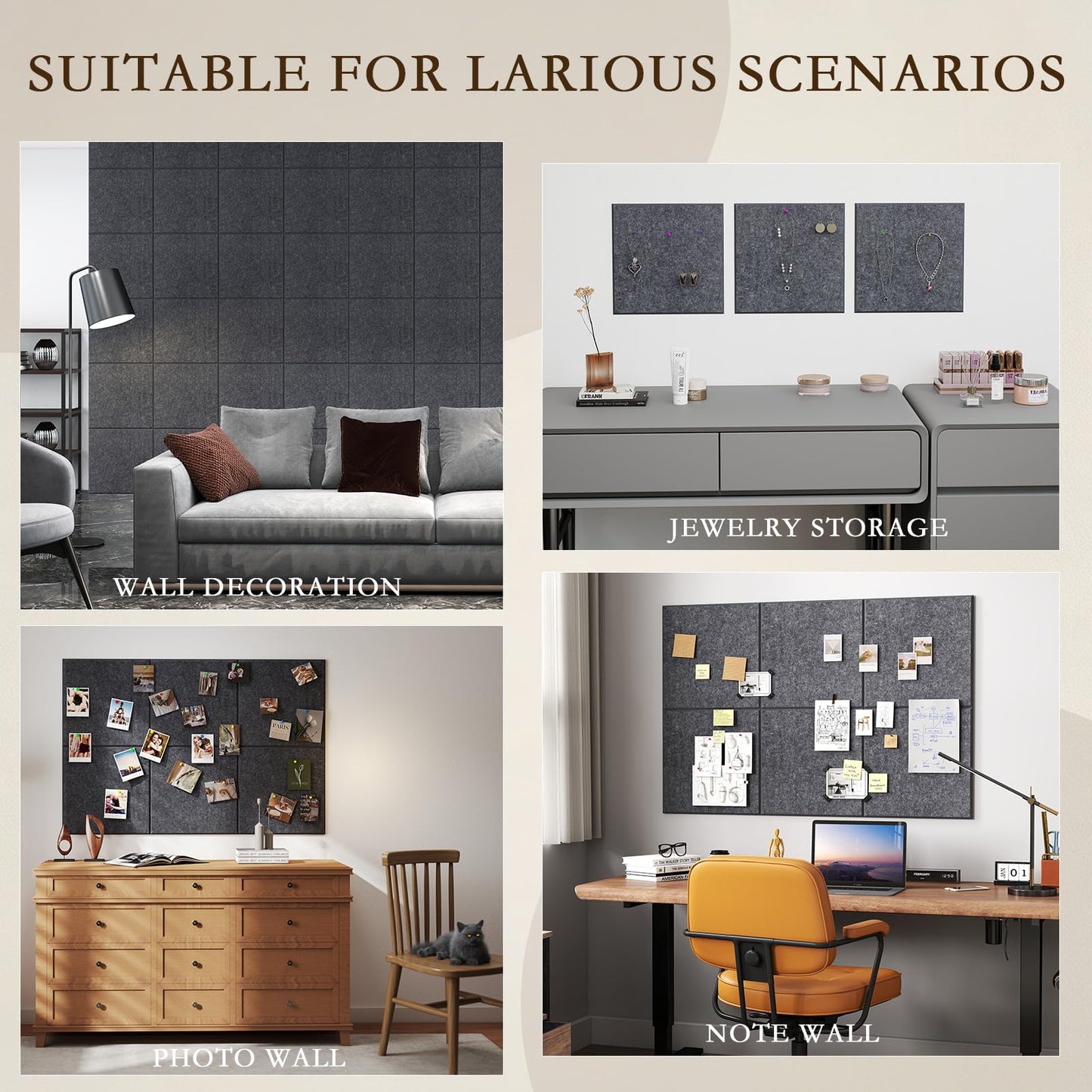 JBER Large Felt Bulletin Board 36" x 24" - 6 Pack Felt Wall Tiles, Cork Board Alternative to Use in Office & Home Decor, Classroom Decor, Vision Board to Display Your Photos(Dark Gray)