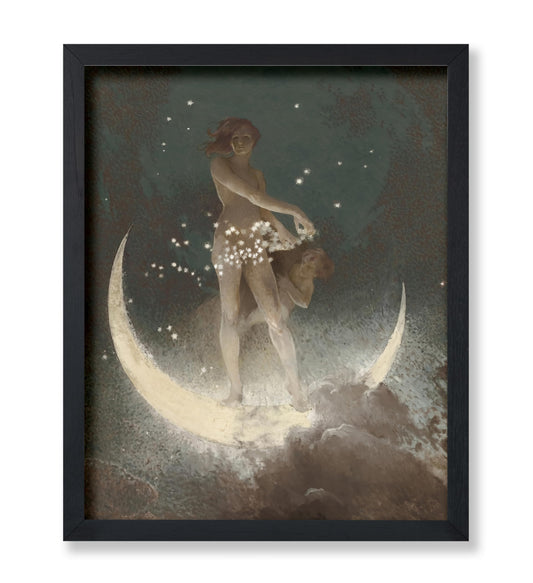 Monem Art Vintage Celestial Poster - Spring Scattering Stars Painting Print - Crescent Moon Art - Great Gift for Men, Women - Chic Decor for Bedroom, Office, Living Room - 8x10 UNFRAMED Wall Art