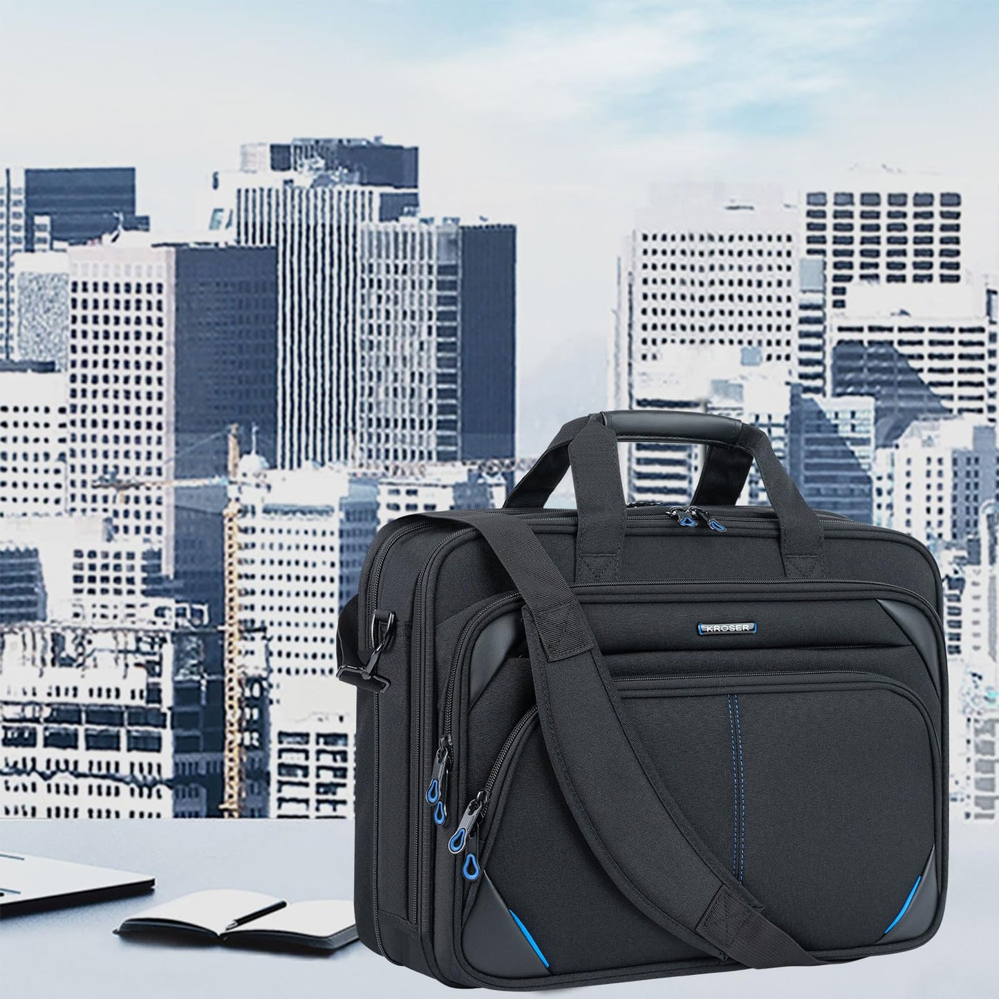 KROSER Laptop Bag 15.6 Inch Briefcase Messenger Bag Water Repellent Computer Case Shoulder Bag Durable Tablet Sleeve for Business/College/Women/Men - Black/Blue