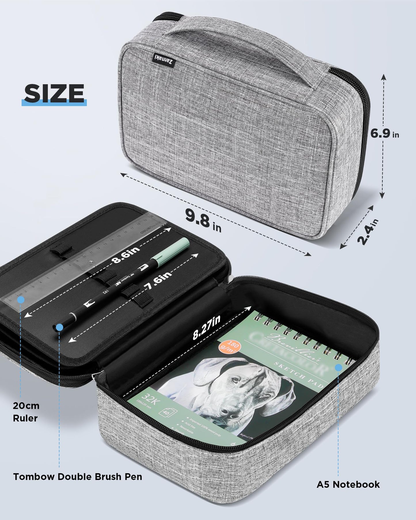 Zannaki Upgraded Large Capacity Pencil Case Pouch Marker Pen Stationery Bag Art Storage Box for Bullet Journal Student Teen Girl Boy Women Adult Middle High School Supplies College Essentials, Grey
