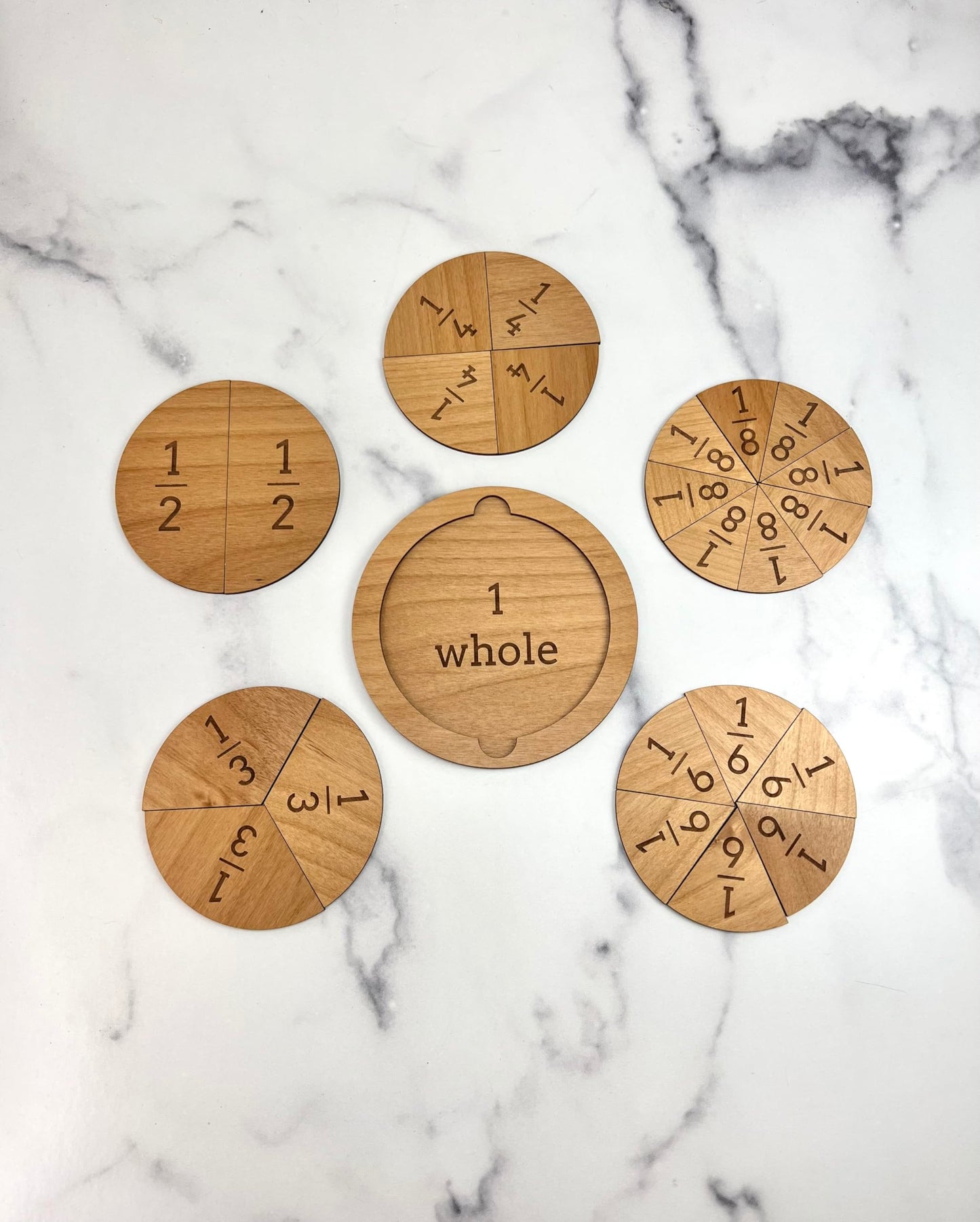Fraction Tiles - Laser Engraved Alder Wood - Includes 5 inch Tile Holder and Fraction Tiles (23 Tiles)