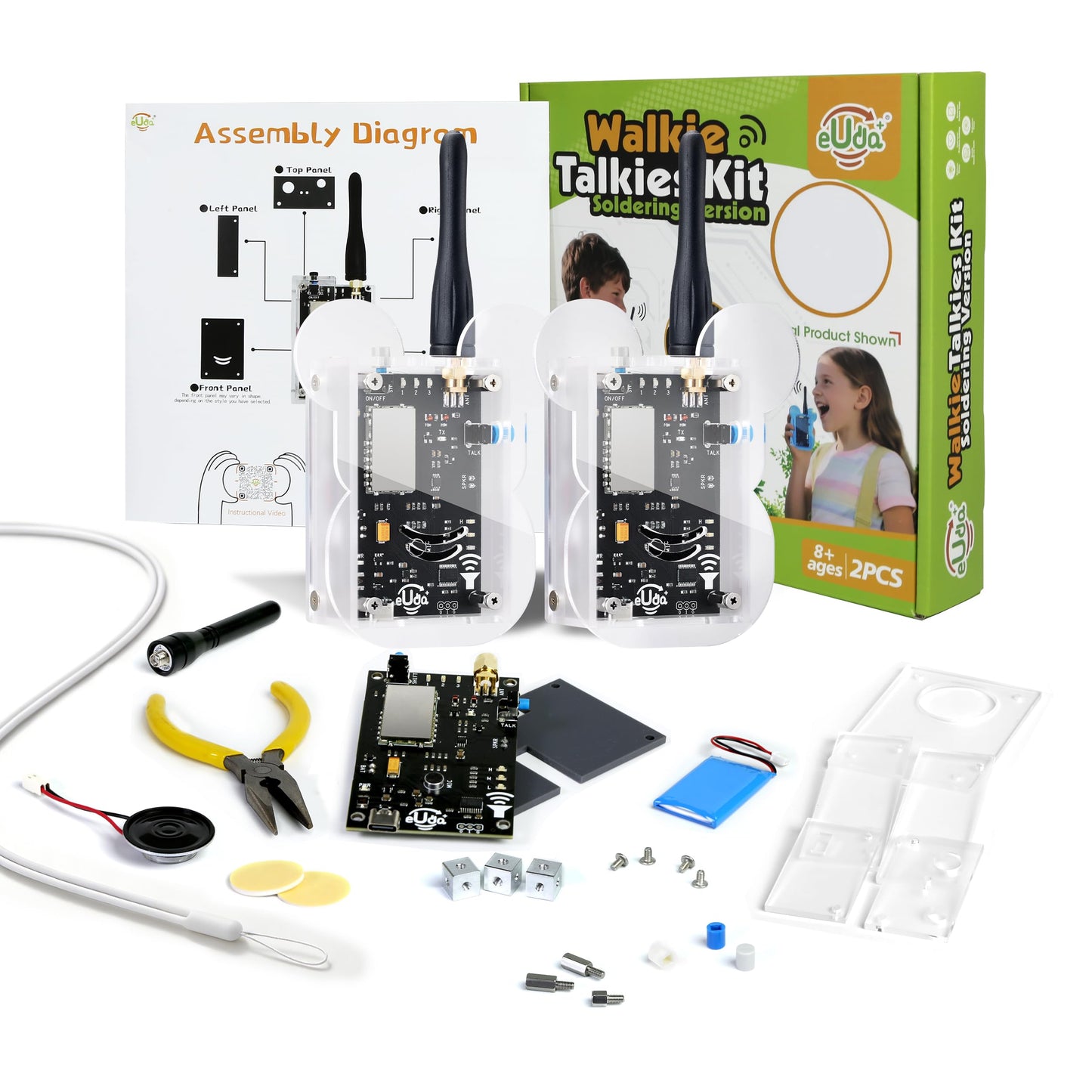eUda+ STEM Walkie-Talkies Kit for 8-13-15-17+ Boys & Girls Stem Kits for Kids Age 8-10-12-14-16-18+ Science Experiments for Kids 9-12 DIY Kits for Kids Teenage Girl Gifts (Assembly Version, BTC)