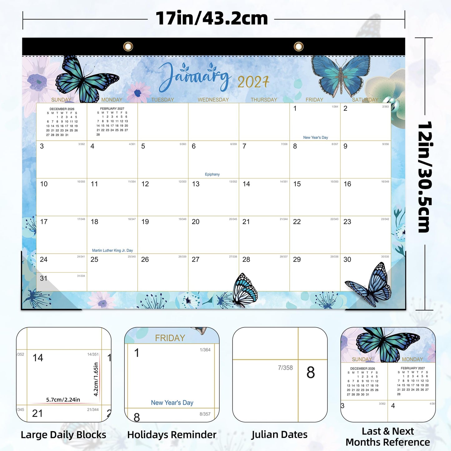 ZTX Desk Calendar 2026-2027,18 Month Academic Desk Calendars,17"x12" Jul.2026-Dec.2027 Calendar with Clear Plastic Cover for Teacher School Year Home Butterfly