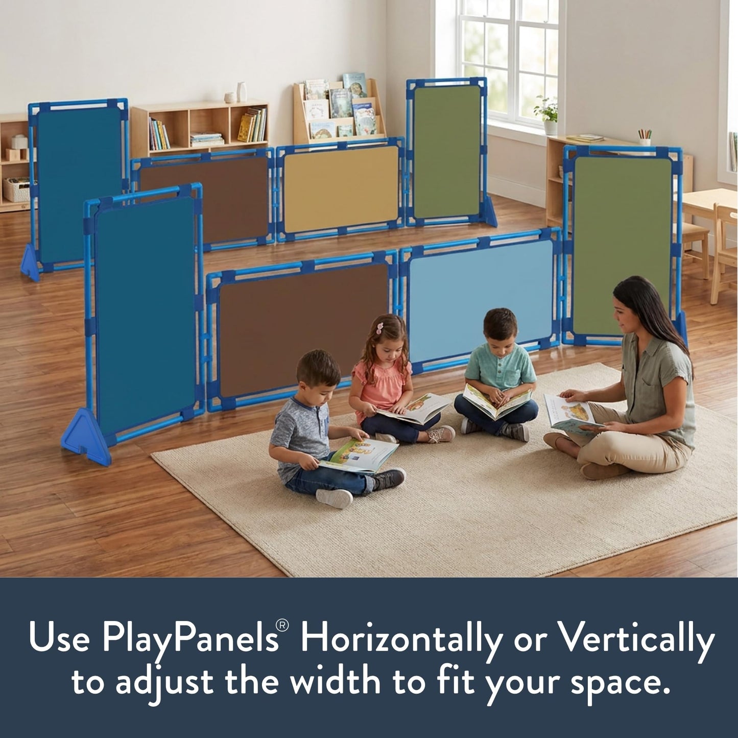 Children's Factory Rectangle PlayPanel Set - 8, Kids Room Divider Panel, Classroom Partition, Free-Standing Screen for Daycare or Preschool, Cantilever Feet Included, Woodland