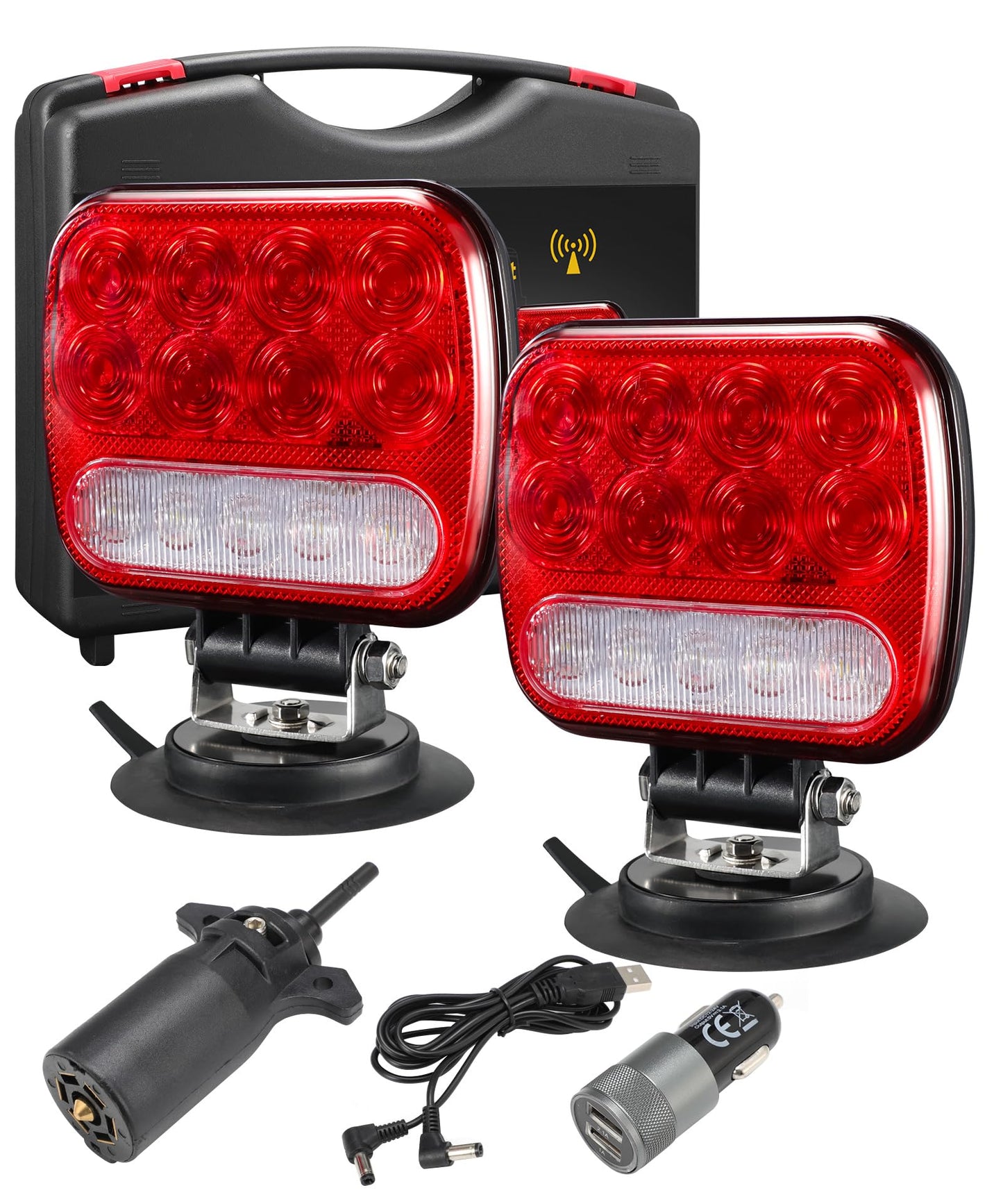 Partsam Wireless LED Trailer Light Kit - Magnetic Towing Tail Light, 12-24V, Red, Portable with 7-Pin Plug & Dual USB Cable Charger