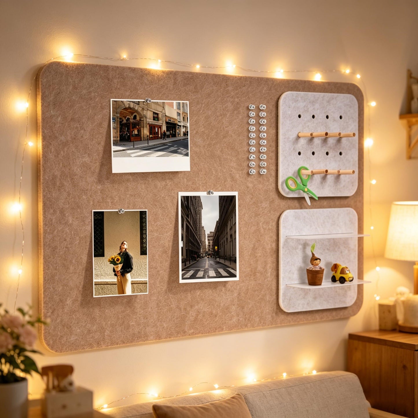 Wall Organizer Bulletin Board with Shelves and Key Holder, 2-in-1 Felt Pin Board for Photos, Notes, Keys and Small Accessories, Memo Board for Home Office Dorm, Khaki & Light Camel, 15.7"x23.6"
