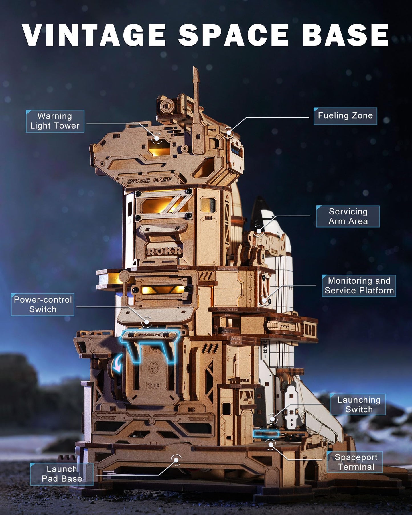 ROKR 3D Puzzles for Adults Space Shuttle, Interactive DIY Building Model with Lighting, Airplane Wooden Puzzles, Desk Decor, Engineering Gifts for Adults Men Teens 14+, STEM Project