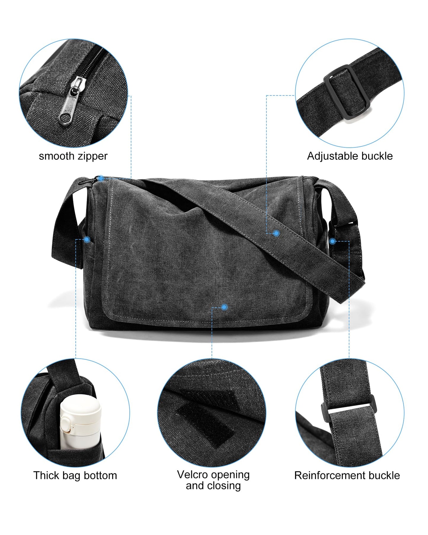 VENATIN Vintage Canvas Messenger Bag for Men & Women, Large Crossbody Shoulder Bag Leisure Shoulder Sling Bags Handbag for Travel, Business Bookbag Fits 15.6 inch Laptop, Black