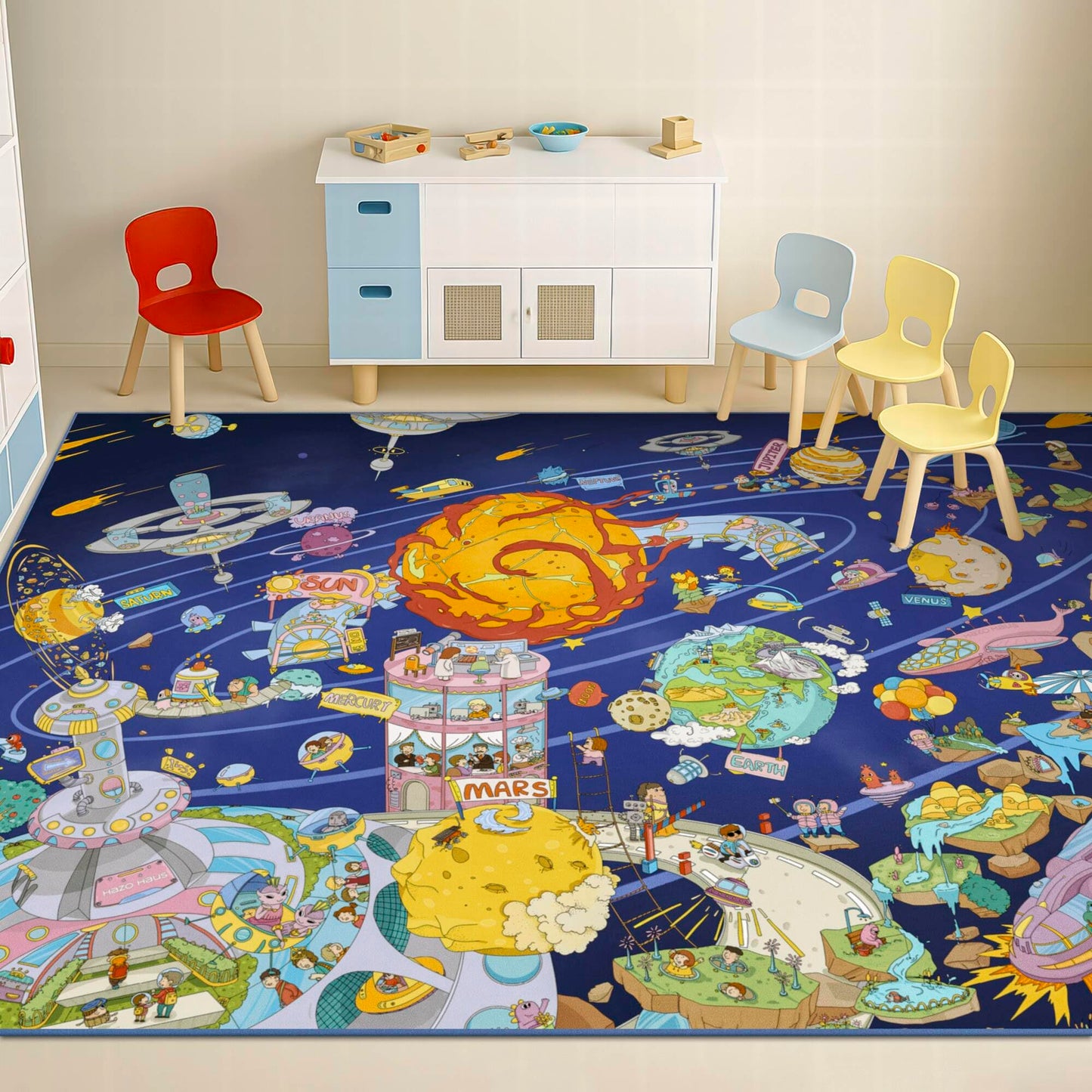 Hazo Haus Solar System Explorer 6x9 Kids Area Rug – Educational Outer Space Map with Planets, Rockets, Robots & Aliens – Ideal for Playroom, Classroom, Living Room, or Science-Loving Children