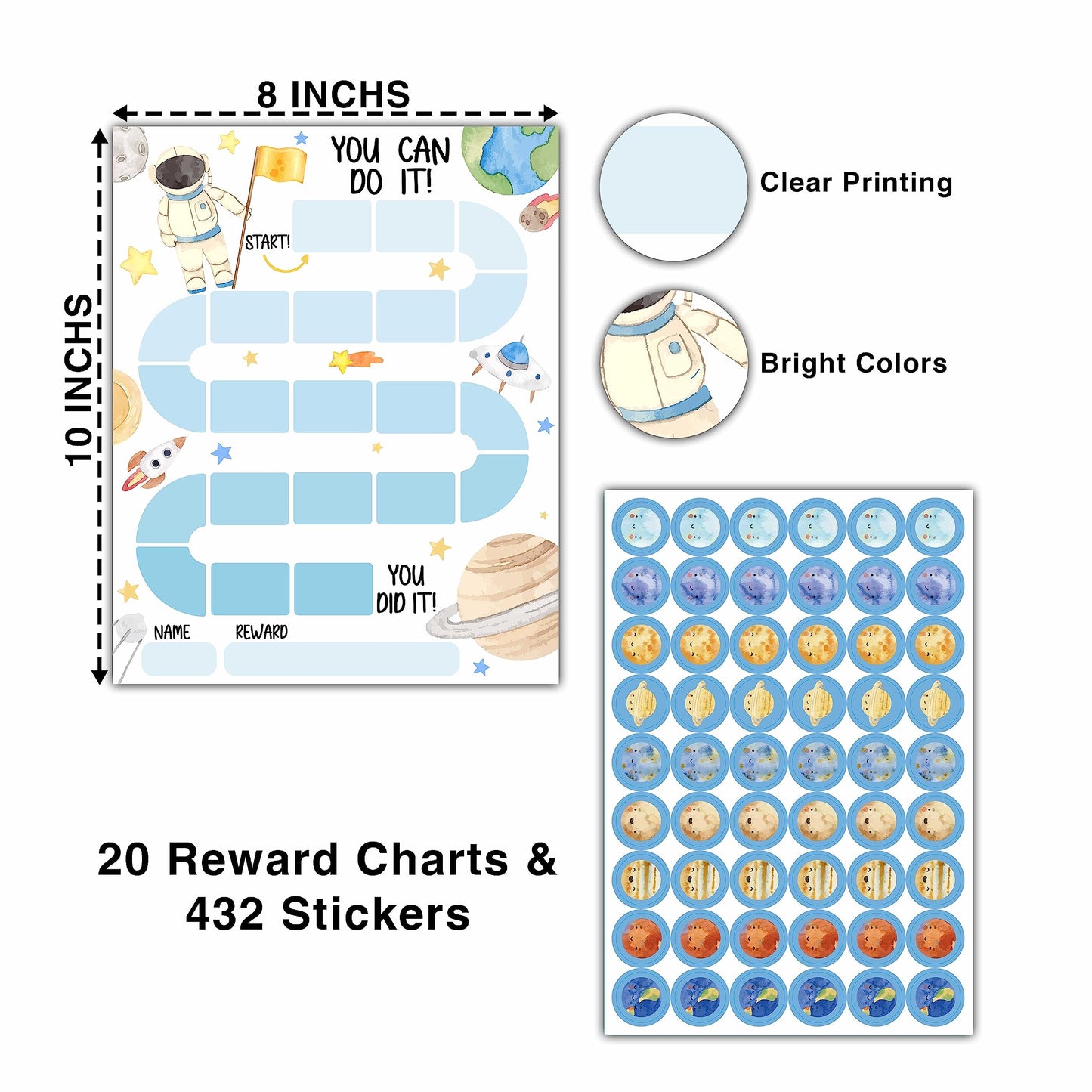 20 Outer Space Astronaut Reward Chart with 432 Round Stickers, Incentive Behavior Chart for Kids at Home Classroom, Kids Routine Daily Chore Sticker Chart-B17
