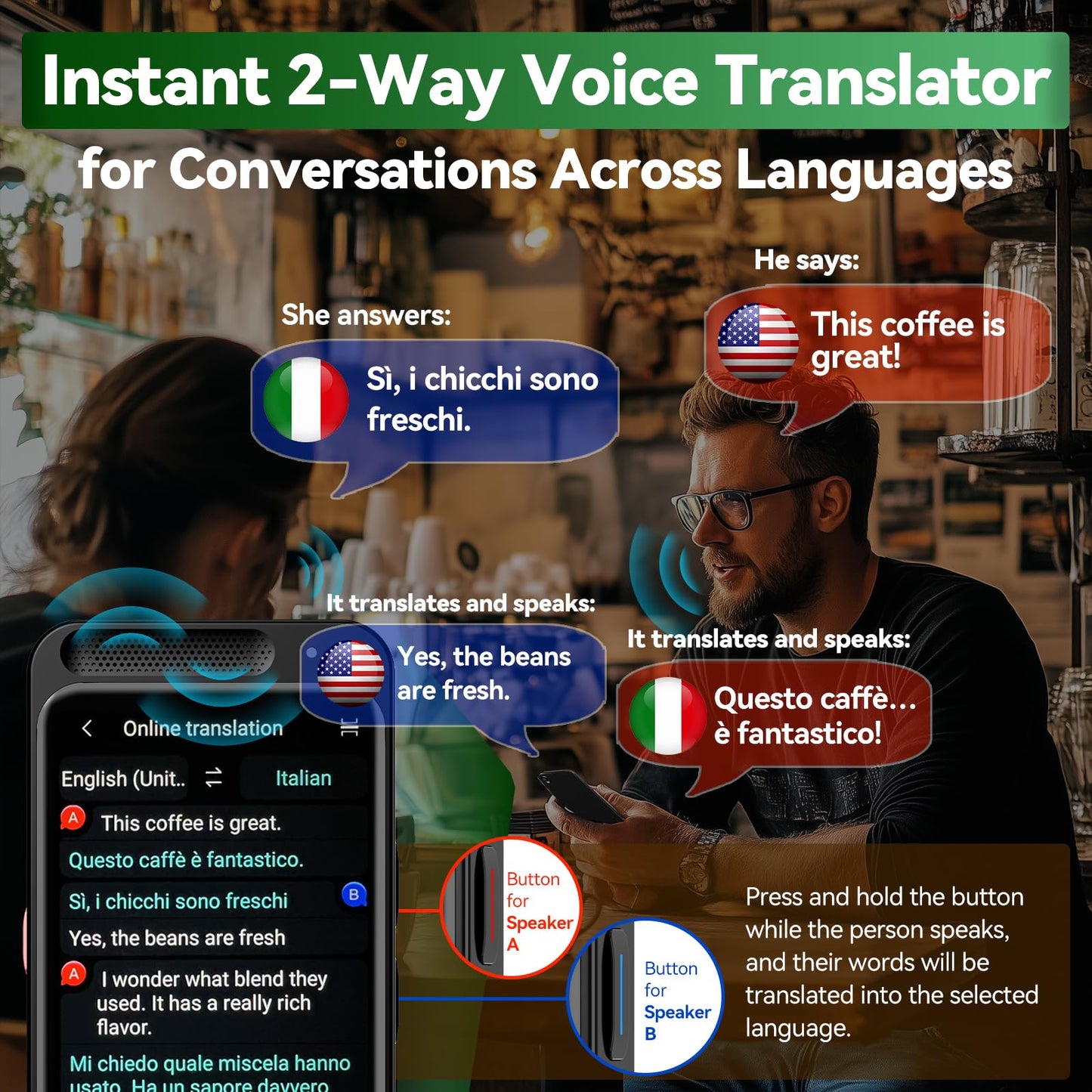 HALCONTORNO Smart Translator Device - Real Time Translation Device Two Way, Instant Portable Voice Translator for Travel Business, Traductor de Voz Instantaneo 2025, AI Translator, Offline Edition