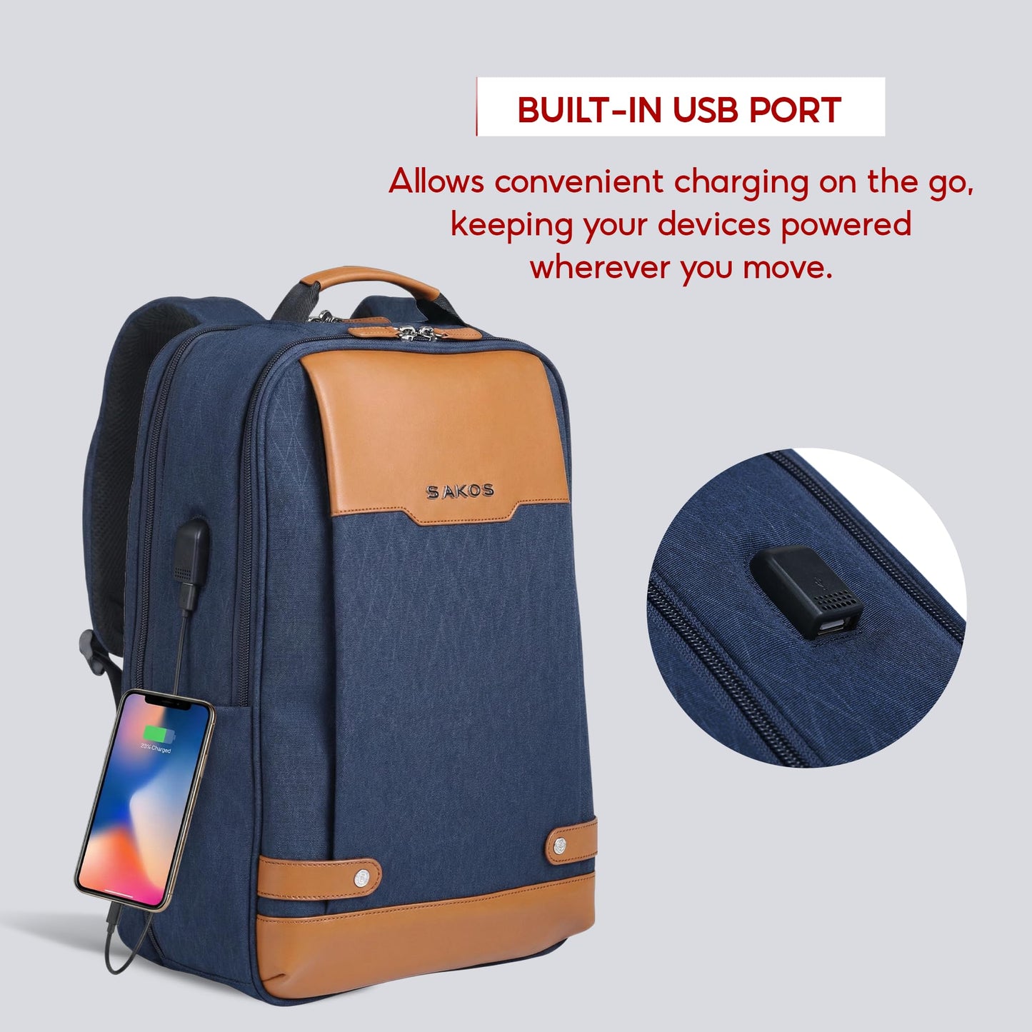 SAKOS Matura 15.6 inch Laptop Backpack with USB Charging Port, Professional Luggage Backpack Carry on Flight - TSA Approved, Water Resistant Backpack for Men & Women with Laptop Compartment - Blue