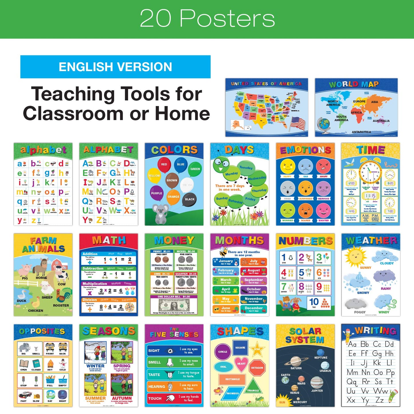 Global Printed Products, 20 Extra Large Educational Poster For Kids (24x17 Double Sided English/Spanish) Alphabet Color Letter Numbers Shapes Months Days Weather Time Animals Solar System Seasons Map