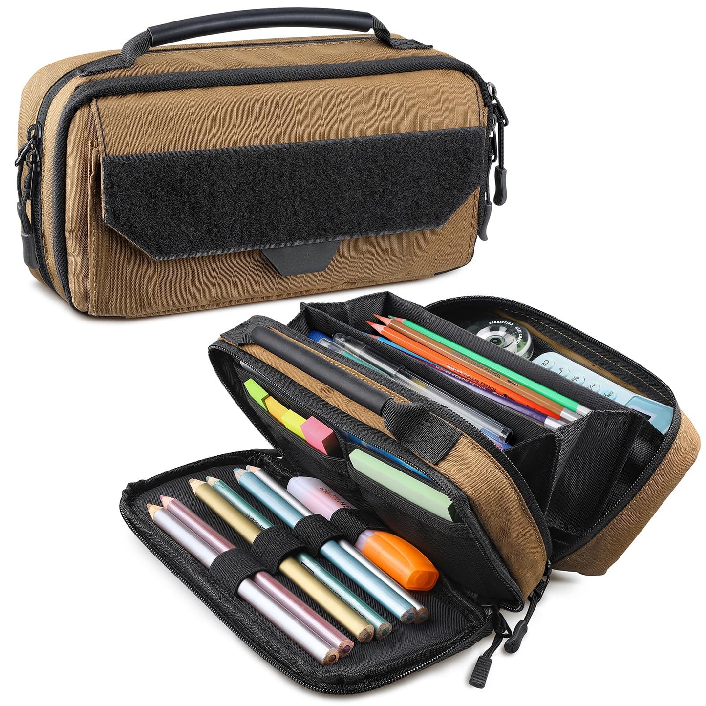 RXW Large Capacity Pencil Case Pouch for Boys, Zippered Tactical Pencil Bag Carry Handle, Small Tool Pouch for Adults (includes US Flag Patch + 2 MOLLE Straps)