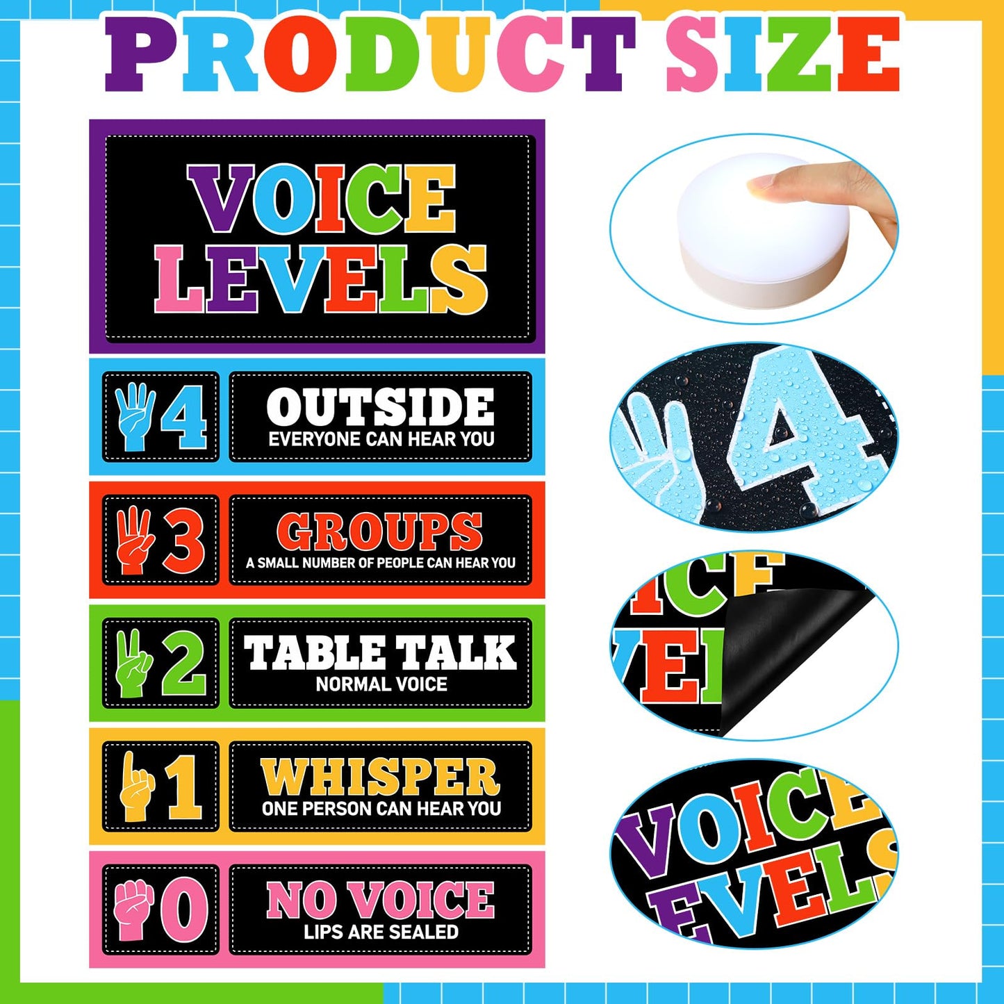 Glooglitter 5 Pcs School Magnetic Voice Level Chart Poster and Push Light Crayon Classroom Decor LED Tap Light Chart Noise VoiceLevel Rules Sign for Classroom Teachers Back to School Supplies