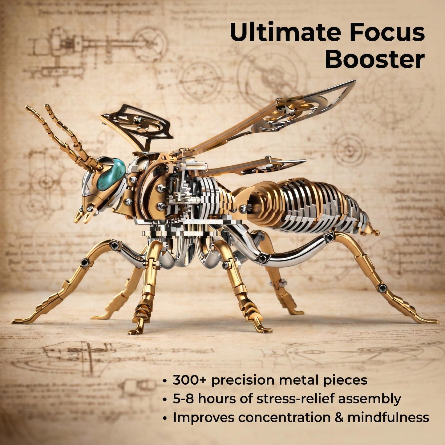 Gold-Plated Metal Bee Model Kit - 3D Stainless Steel Mechanical Insect Puzzle for Adults - Steampunk Bionic Wasp Sculpture - Executive Desktop Art and Stress Relief Gift (Bee-Rose-Gold)