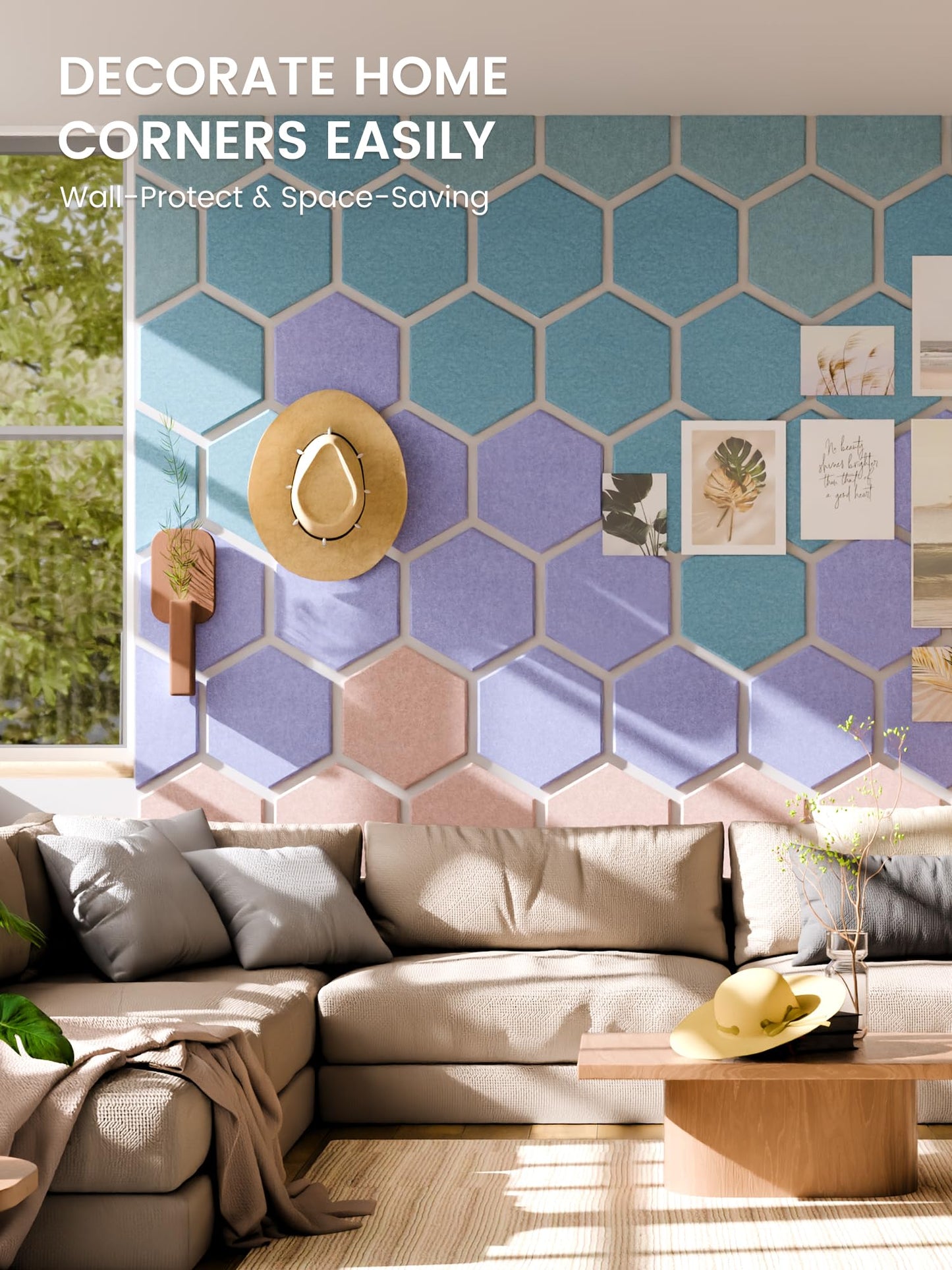Fluxynara Hexagon Cork Board Alternative for Walls Decor-8-Pack Felt Bulletin Board Tiles,with 30 Pushpins,50 Adhesive Tabs for Office& Home Pin Board Felt Board-Coastal Haze