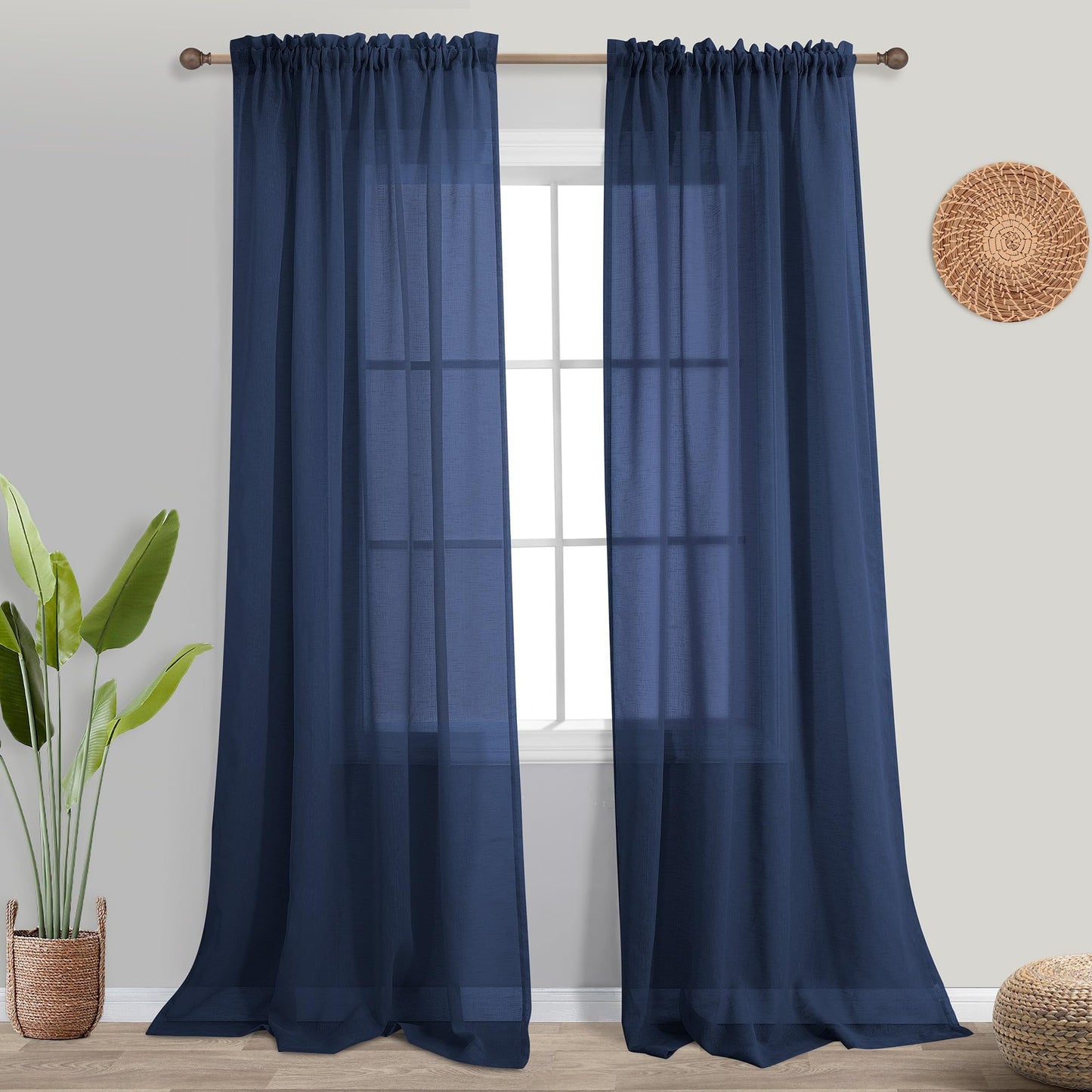 Navy Blue Window Curtains 96 Inches Long 2 Panel Set Rod Pocket Woven Textured Linen Look Voile Sheer Drapes for Living Room Village Apartment Cabin Garden Canopy Family Room Home Decor 52 Inch Width