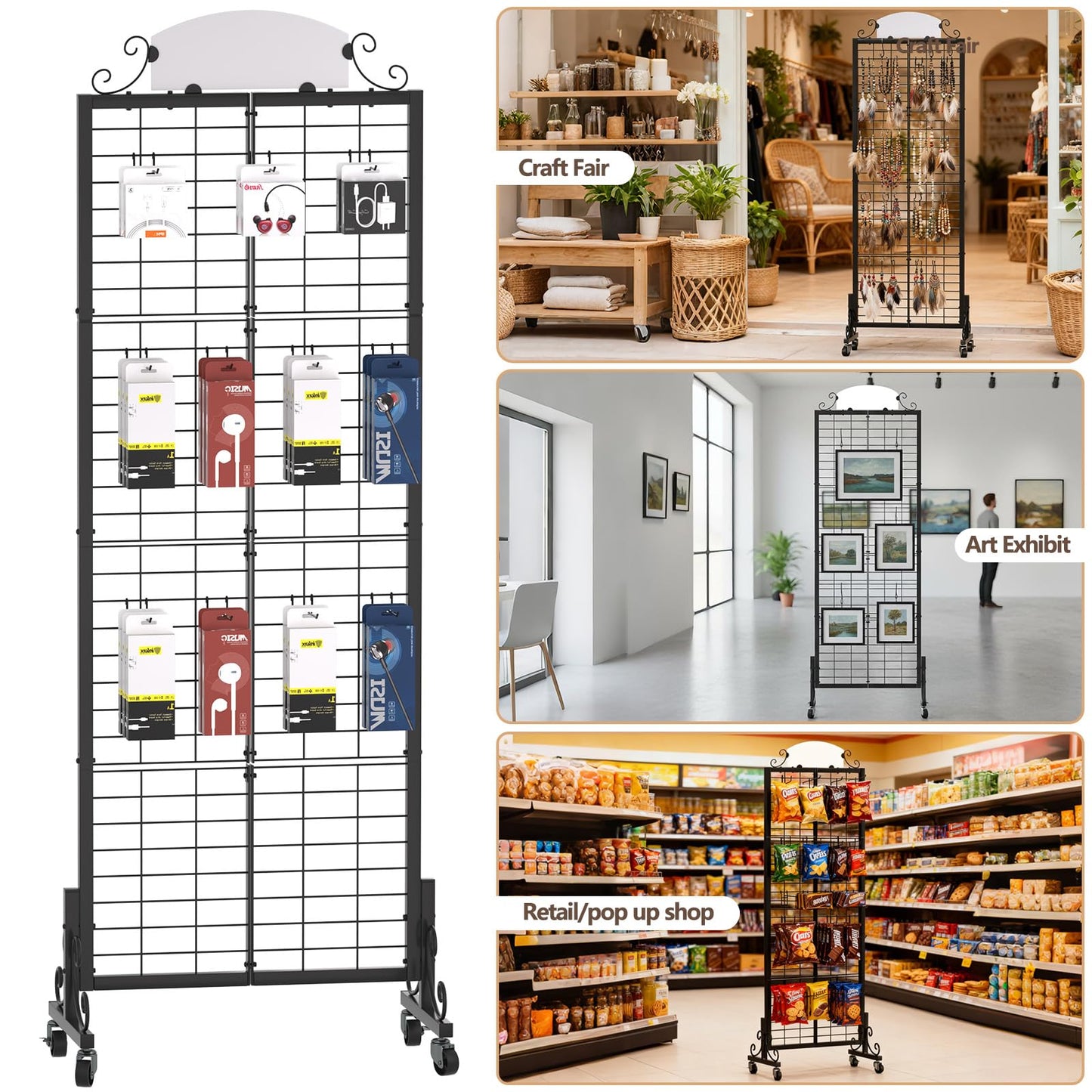 Urban Deco 2 Packs Grid Wall Panel Display Stand, 2.2' x 6.2' FT Gridwall Panel with Extra 16 Hooks, Craft Show Display Rack Black Metal Grids Standing Wire Rack for Retail Merchandise