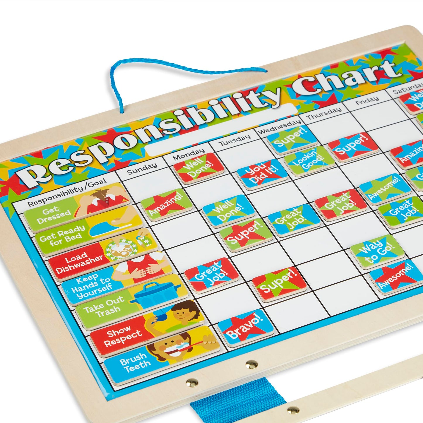 Melissa & Doug Magnetic Responsibility Chart and Kids Calendar - Wooden Chore Chart for Kids with 89 Magnets, Preschool Learning Activities for Ages 3+