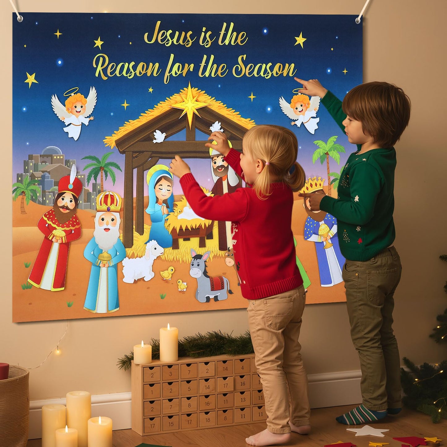 Tiamon Felt Christmas Tree for Kids Nativity Story Board Set Advent DIY Religious Nativity Scene with 17 Pcs Detachable Wall Ornaments Felt Board Craft Gift for Toddler Classroom Door Wall Decor