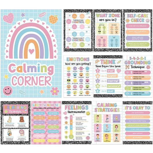 12Pcs Calming Corner Posters for Classroom Inspirational Emotions Feeling Poster for Kids Back to School Wall Decor Composition Notebook Mental Health Posters for School Office Home Teacher Supplies
