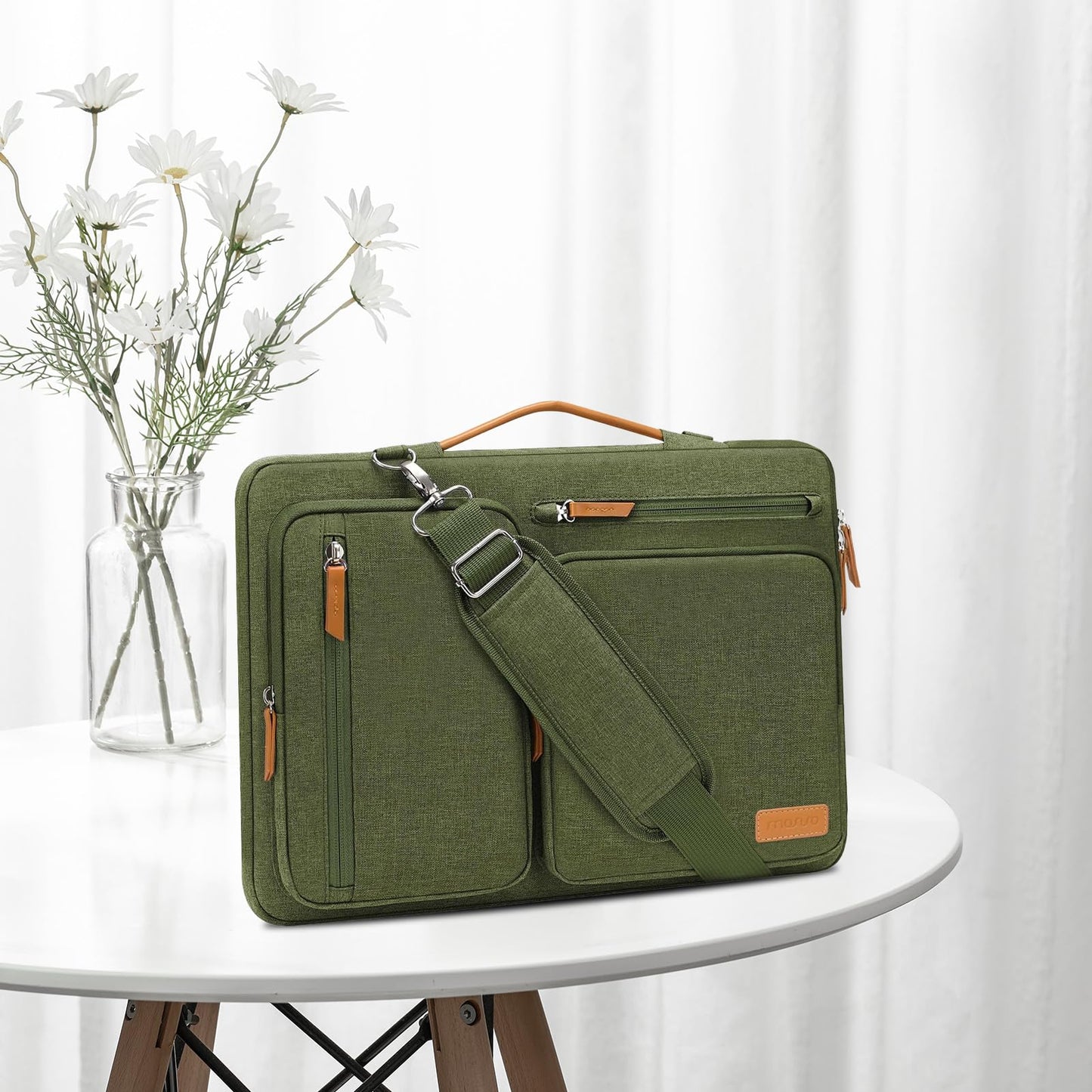 MOSISO 360 Protective Laptop Shoulder Bag,15-15.6 inch Computer Bags Compatible with MacBook Pro 16 inch, HP, Dell, Lenovo, Asus Notebook,Side Open Messenger Bag with 4 Zipper Pockets, Olive Green