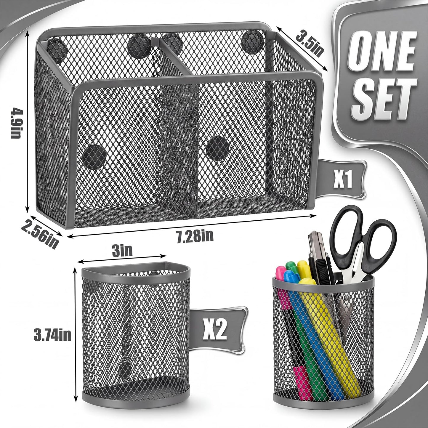 Marspark 3 Pcs Magnetic Pen Holder Set Metal Pencil Holder with Strong Magnets Wire Mesh Storage Basket Organizer for Locker Accessories Whiteboard Refrigerator School Office Dorm(Grey)