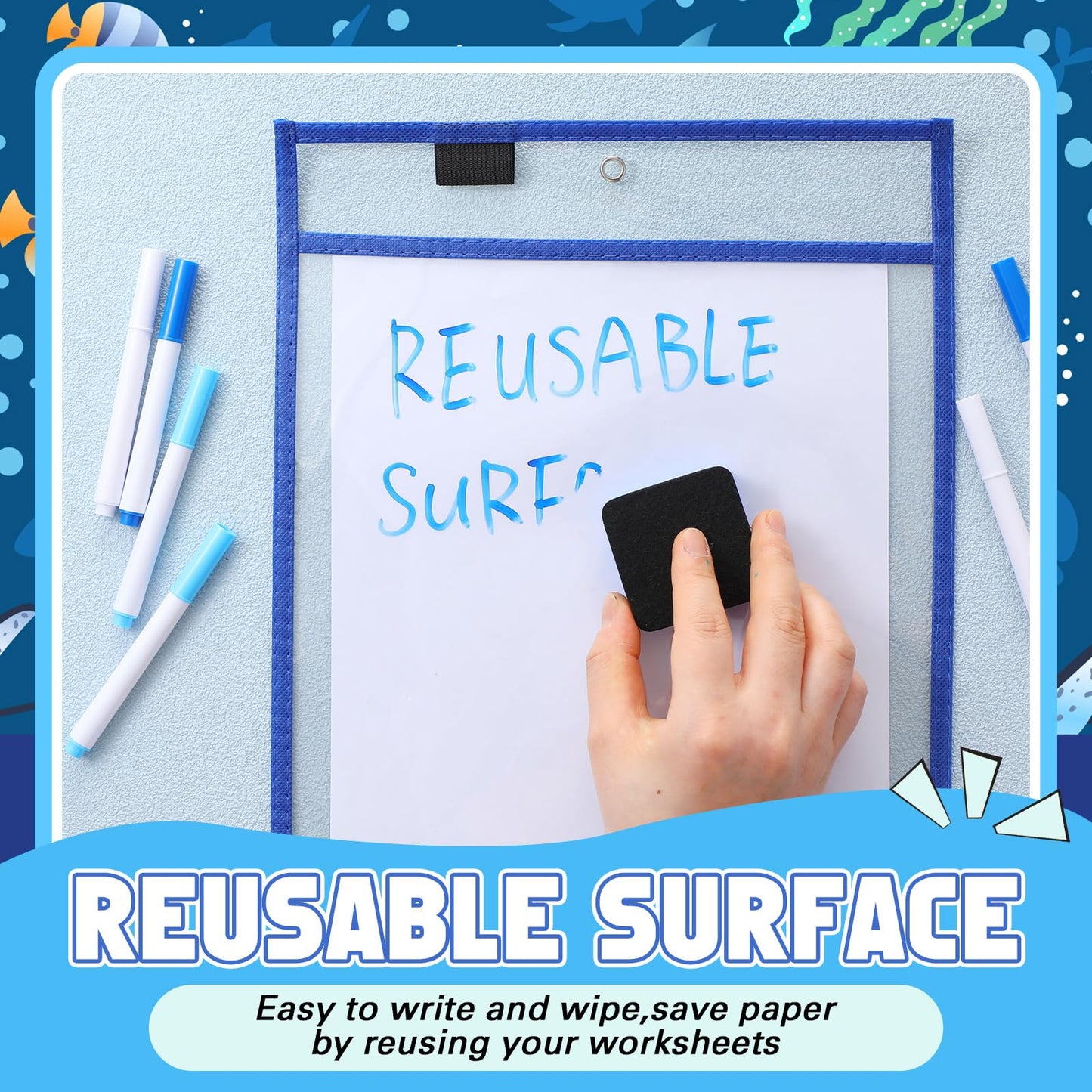 24 Pcs Dry Erase Pocket Reusable Sleeves 10" x 14" Clear Plastic Sheet Protectors with Markers and Mini Dry Erasers for Paper(Ocean Teal)