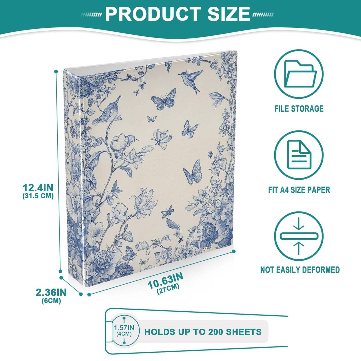 Butterfly Round Ring Binders 1.5 Inch Birds Flowers 3 Ring Clipboard Binder for Office School Work Supplies File Folder Document 200 Sheet Capacity Easy Open