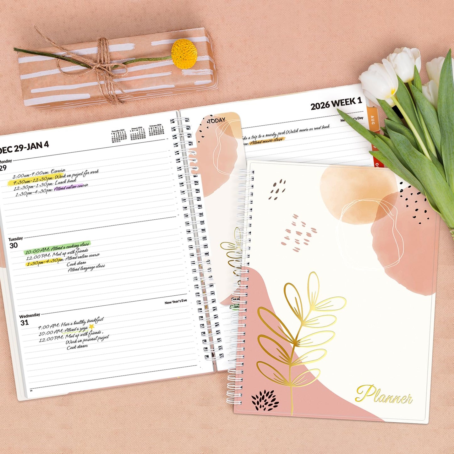 SUNEE 2026 Weekly and Monthly Planner - from January 2026 - December 2026, Daily Agenda Planner with Monthly Tab, Flexible Cover, Note Pages, Pockets, Bookmark, Spiral Binding, Pink Breeze, 8.5"x11"