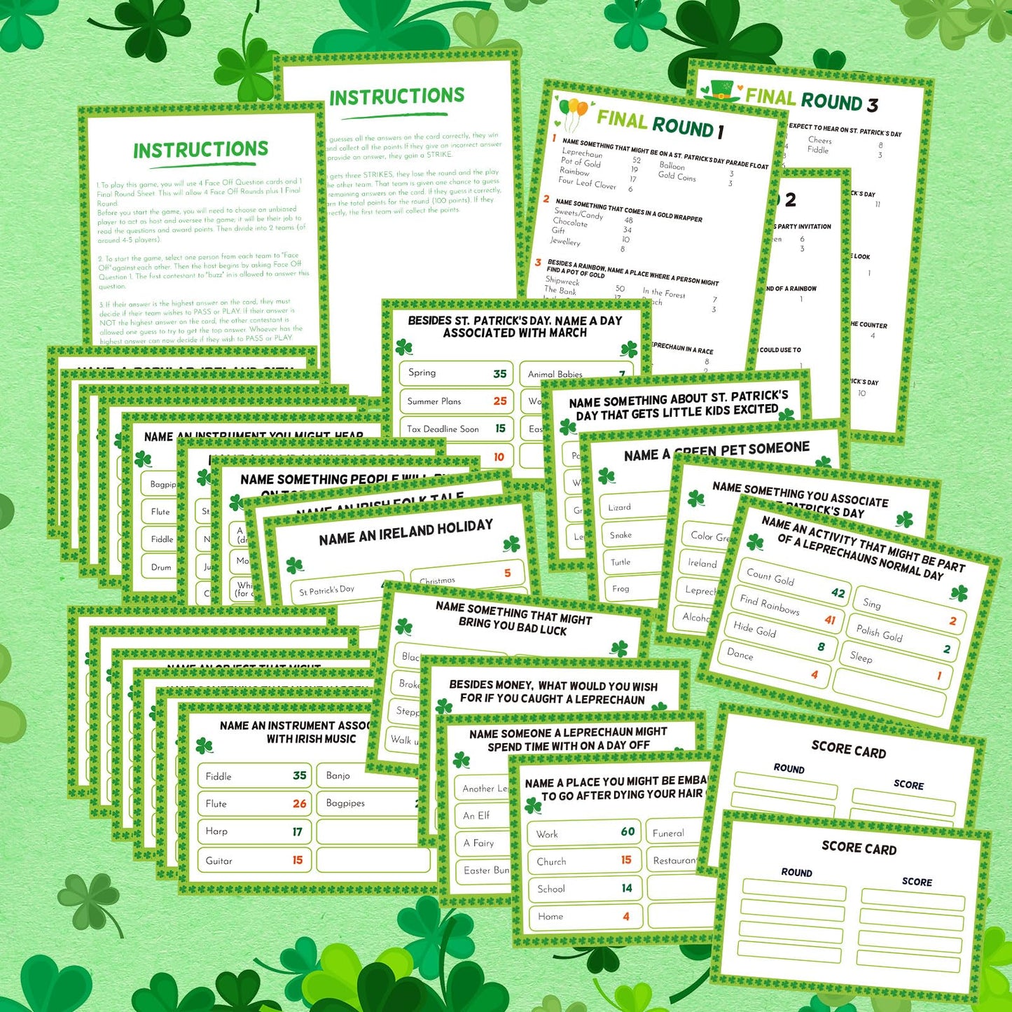 Soulchen 32 Pcs St. Patrick's Day Friendly Feud Game Set St. Patrick's Day Party Game Trivia Quiz 30 Card 2 Buzzer for Adults Family Irish Home Games Activities Party Supplies, Battery Not Included