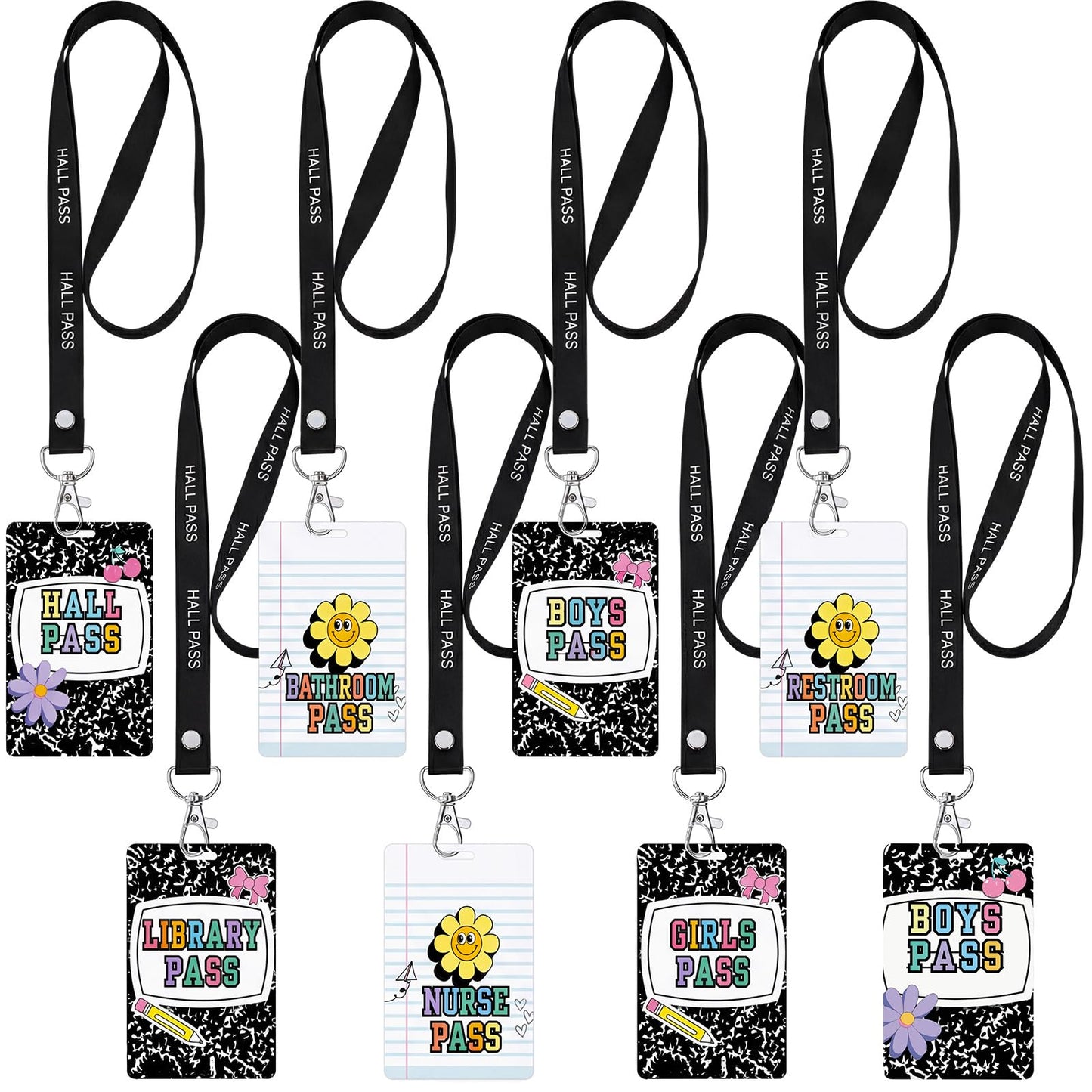 Fuyoooo 16 Set Flower Hall Pass Lanyards Unbreakable PVC Composition Notebook Classroom Passes with Lanyards Bathroom Boy Girl Library Hall Office Nurse Pass 2.4 x 3.5