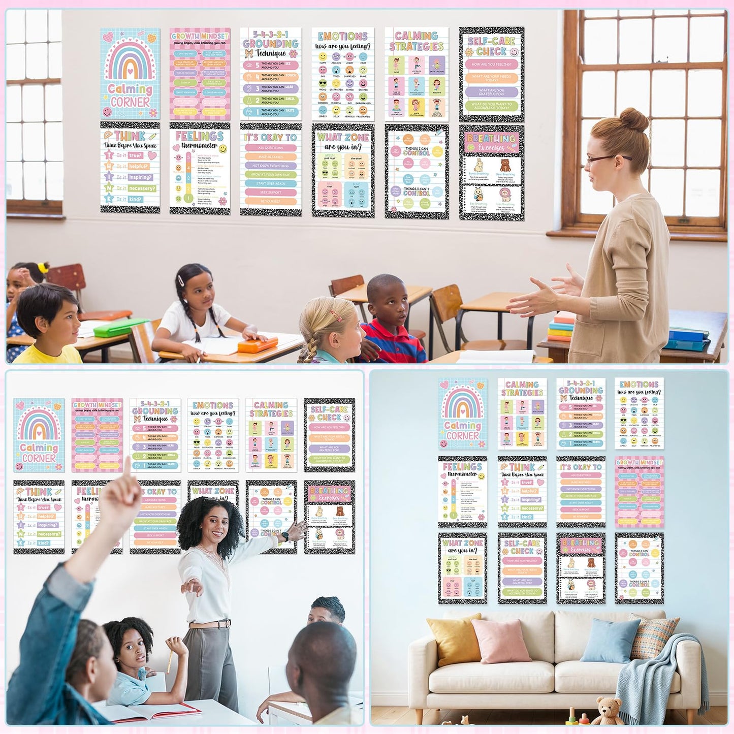 12Pcs Calming Corner Posters for Classroom Inspirational Emotions Feeling Poster for Kids Back to School Wall Decor Composition Notebook Mental Health Posters for School Office Home Teacher Supplies