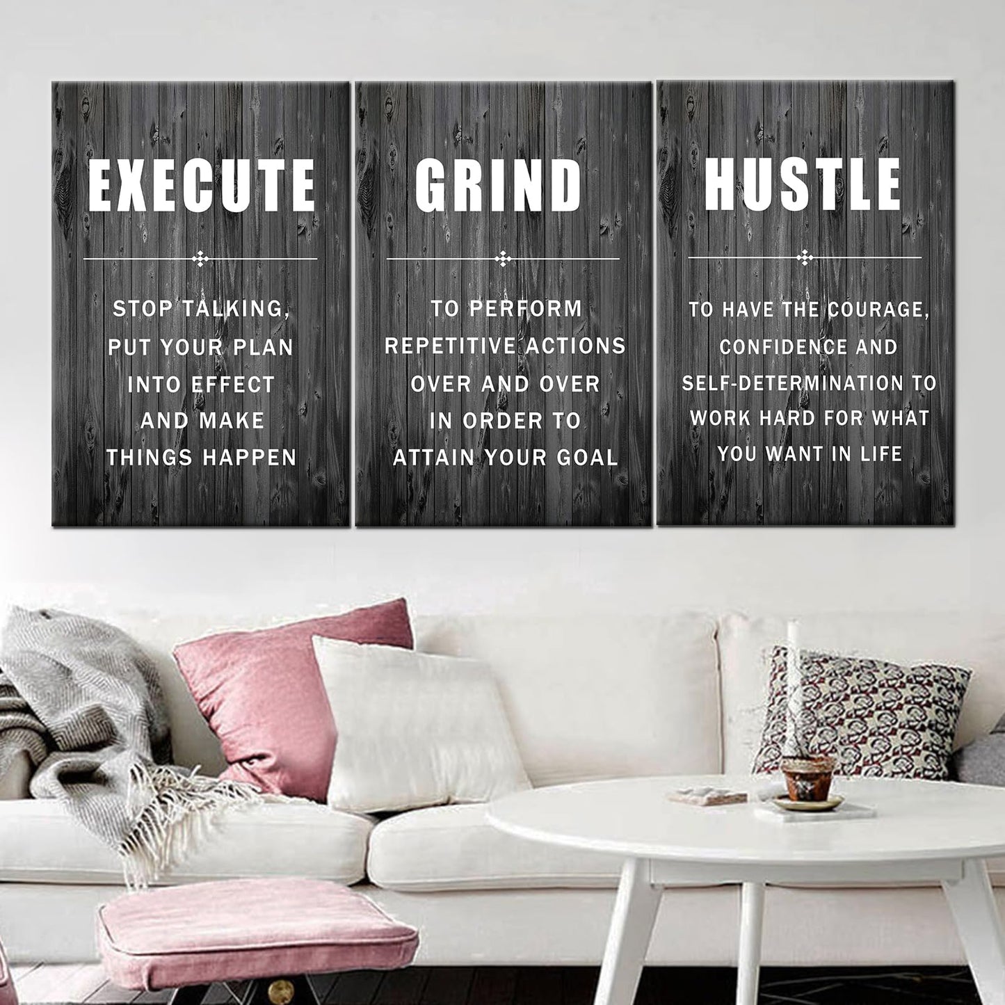 Inspirational Wall Art Execute Grind Hustle Motivational Poster 3 Pieces Canvas Prints Artwork for Living Room Modern Home Decor Painting Pictures Stretched and Framed Ready to Hang [72''Wx 36''H]