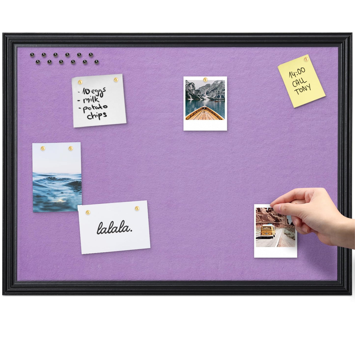 Navaris Framed Fabric Bulletin Board - 18 x 24 inches Plush Jewelry Organizer Pinboard for Wall - Memory Memo Pin Board - Purple with Black Frame