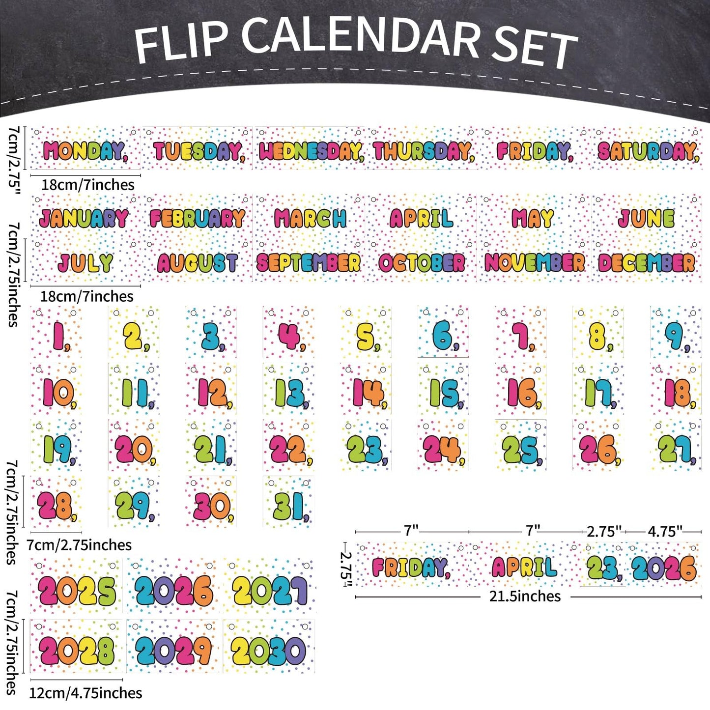Flip Calendar Bulletin Board Set Classroom Decorations for Whiteboard with Adjustable Flip Calendar Rod Holder Date Cards Days of The Week for Classroom School Supplies(Bright Rainbow)