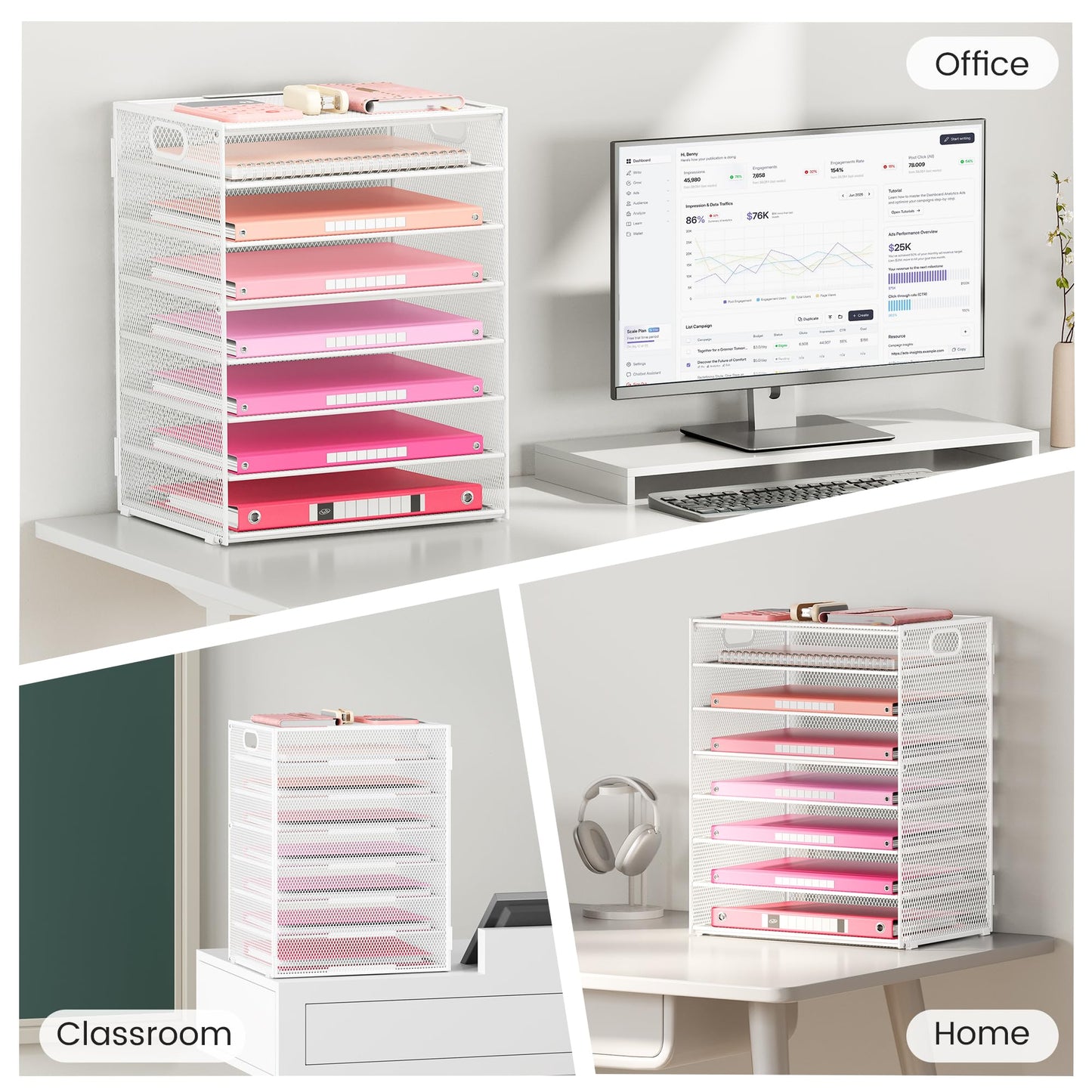Lavatino 8-Tier Letter Tray Desk Paper Organizer, Mesh File Tray Organizer for Desk, Office Supplies & Home Organization, Fits A4 Paper, Mail, Magazines and Office Accessories (White with Handle)