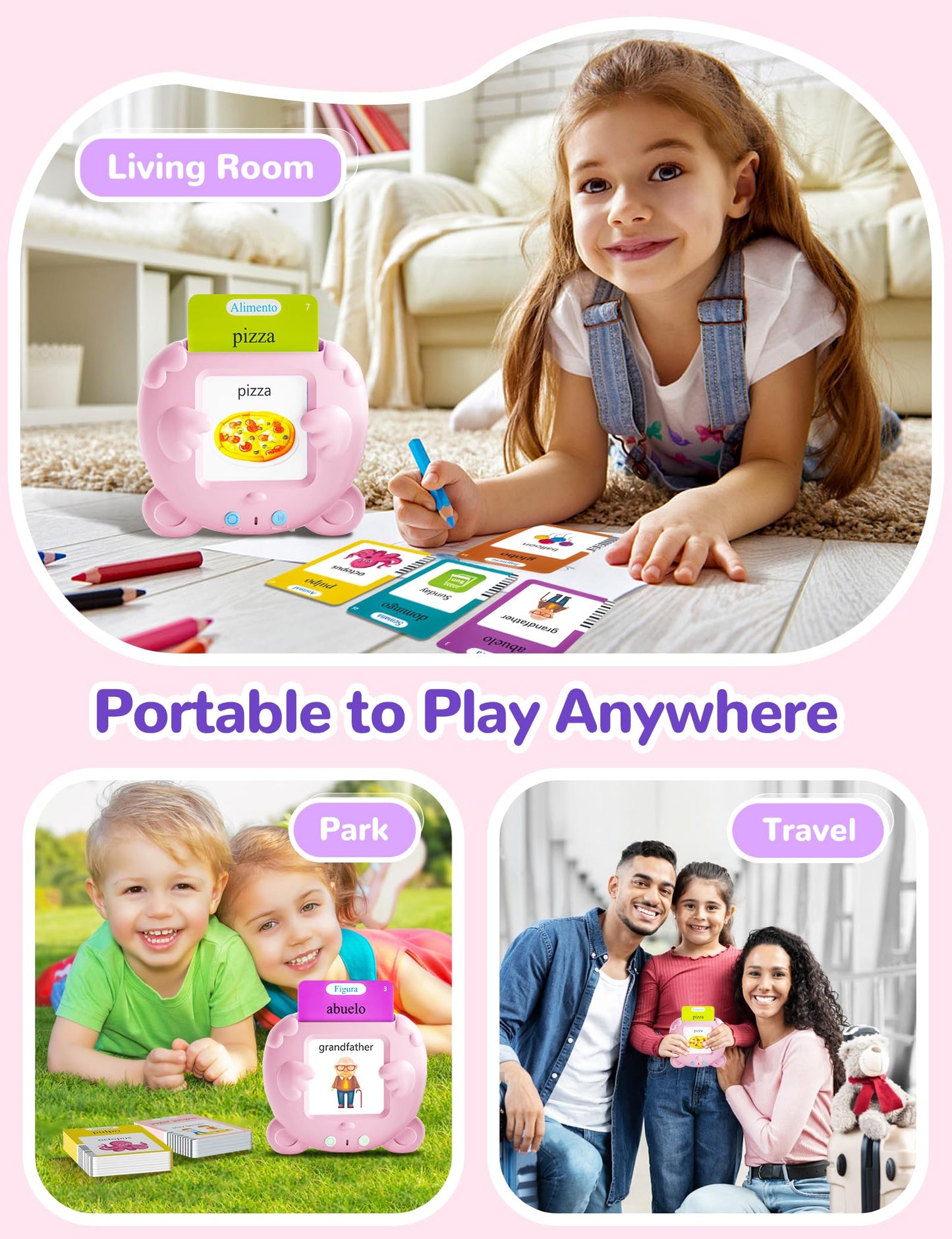 Spanish & English Talking Flash Cards for Toddlers, 510 Sight Words Bilingual Pink Educational Toys for Girls, Autism Sensory Speech Therapy Toys, Española Pocket Vocabulary Learning for Kids
