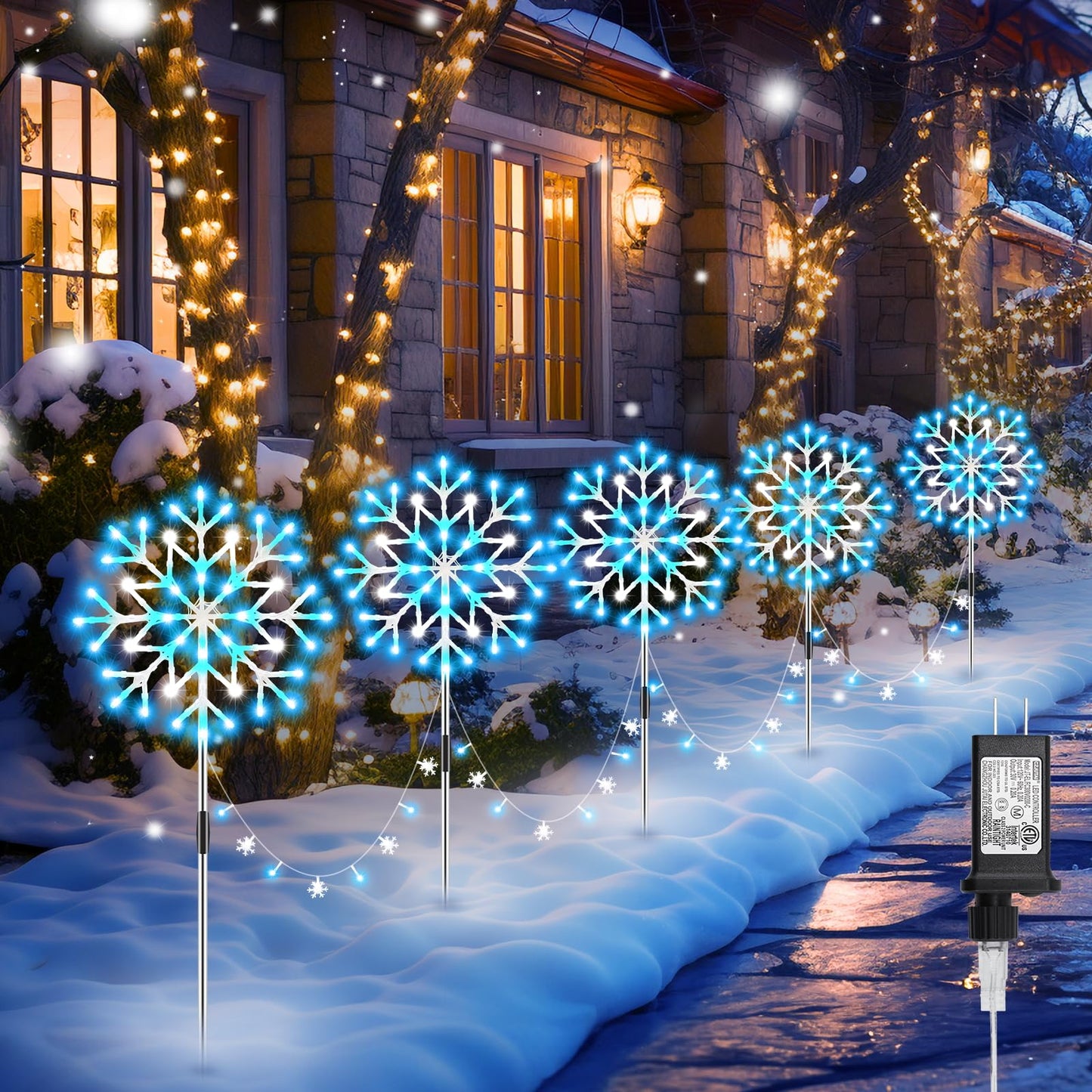 Minetom Snowflake Lights Outdoor, 10 Pack, Blue and White, Plastic, Model 39530, Christmas Pathway Decorations
